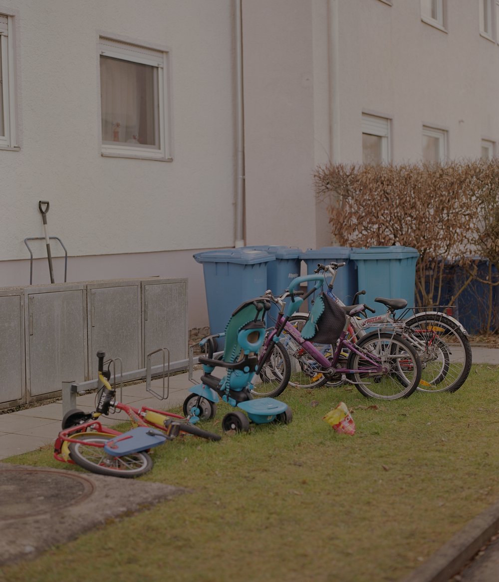 Germany, January 12, 2020: Children's bikes outside of Hanan's flat.