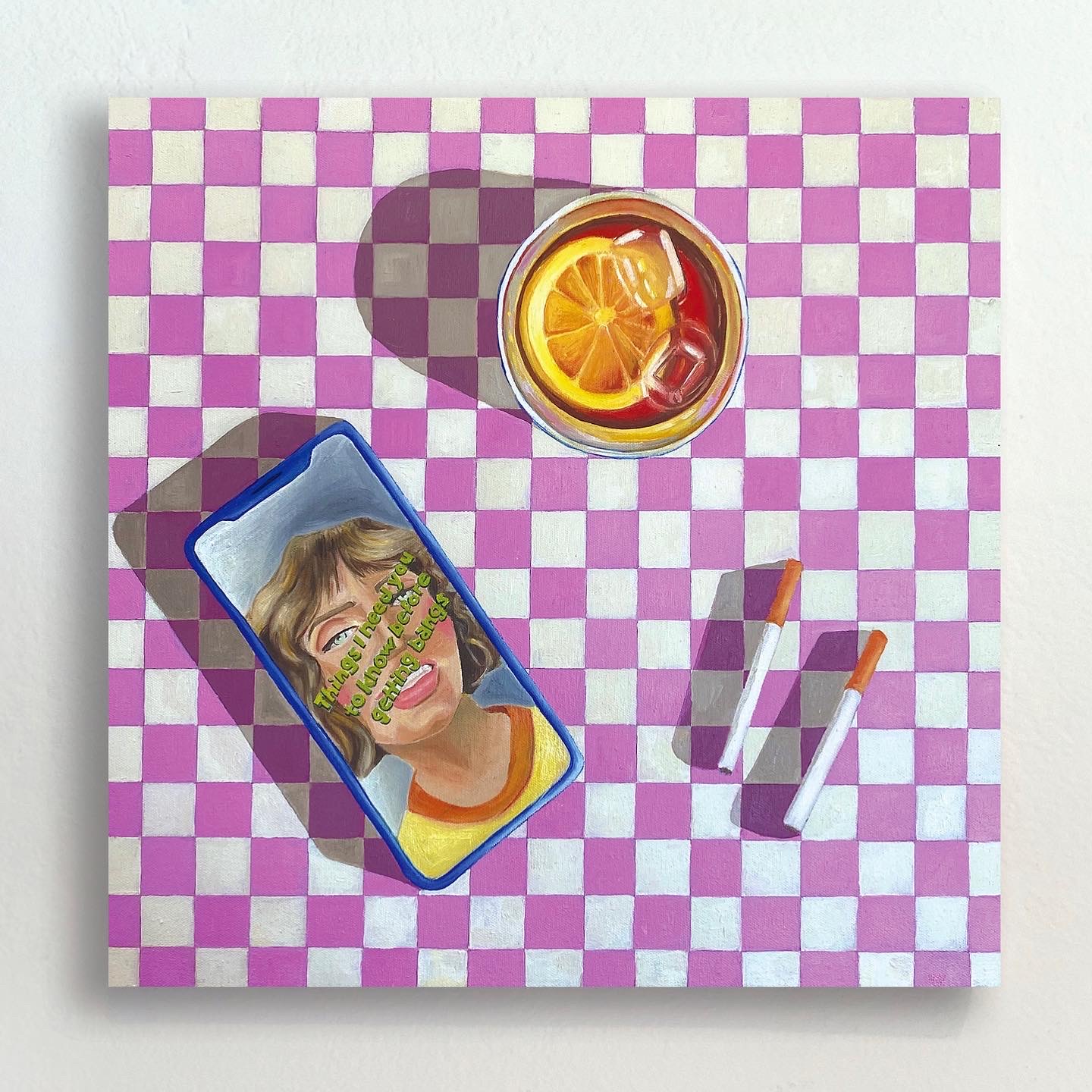 Things I Need You To Know Before Getting Bangs, oil on canvas, 18 x 18”, 2022