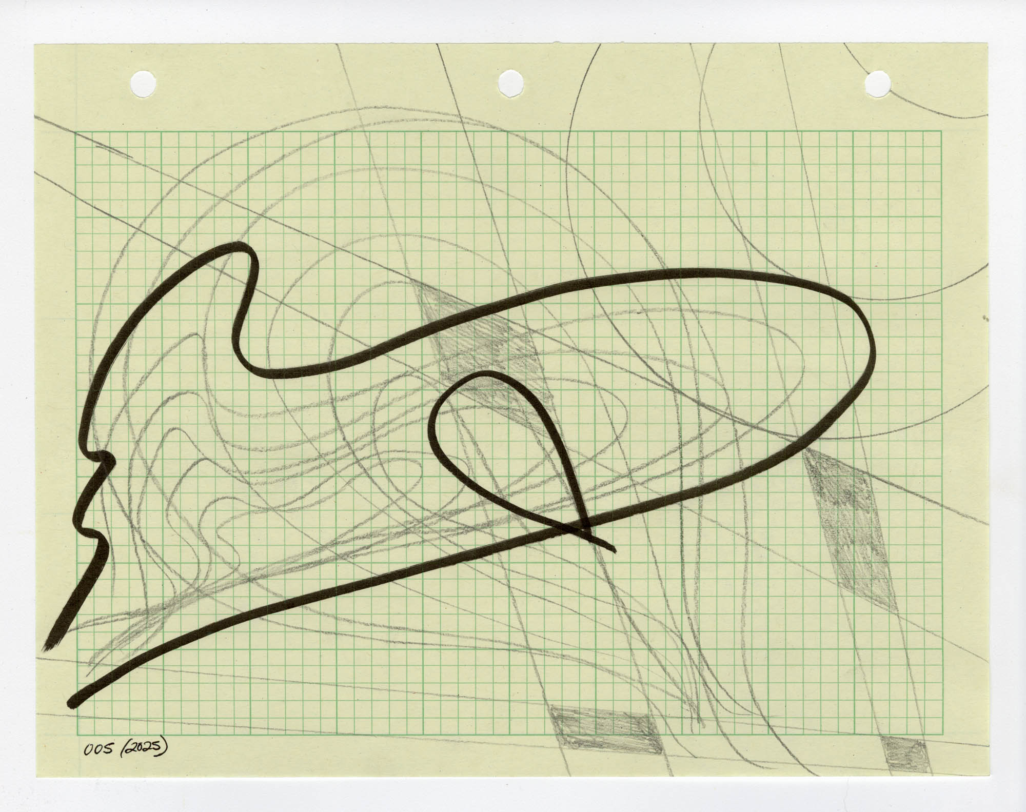 005. 2025. Graphite and marker on graph paper. 11" by 8.5"