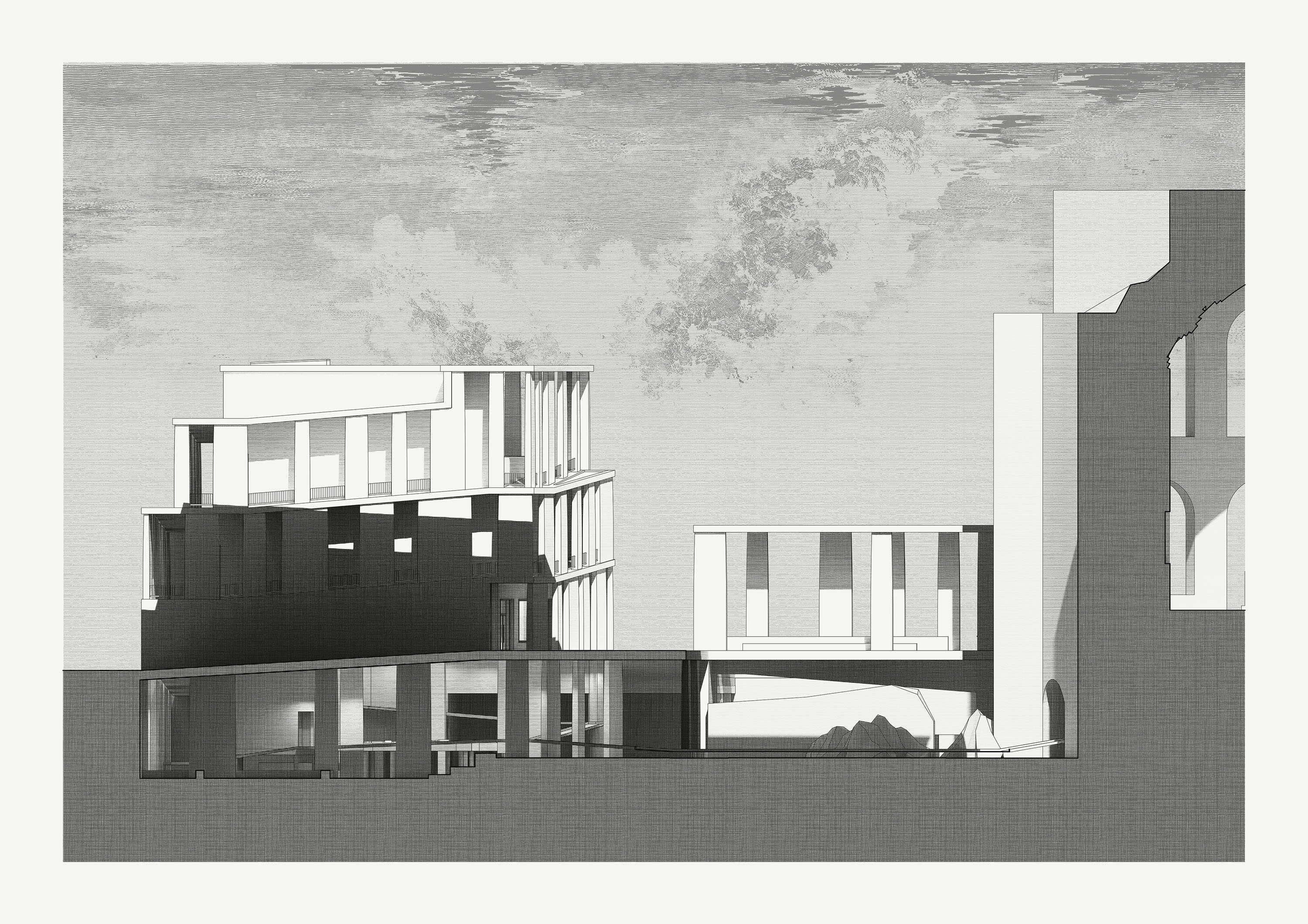 SW: Alley between the Museo della Forma Urbis and the convent of SS. Cosma e Damiano. To the right, the Loggia facing the marble map and to the far right the massive Basilica of Maxentius. In the underground, the excavations of the Foro della Pace with Italo Gismondi's model "Plastico di Roma Antica" placed in the underground level of the Museum (accessible via the ramp or the surrounding excavation paths).