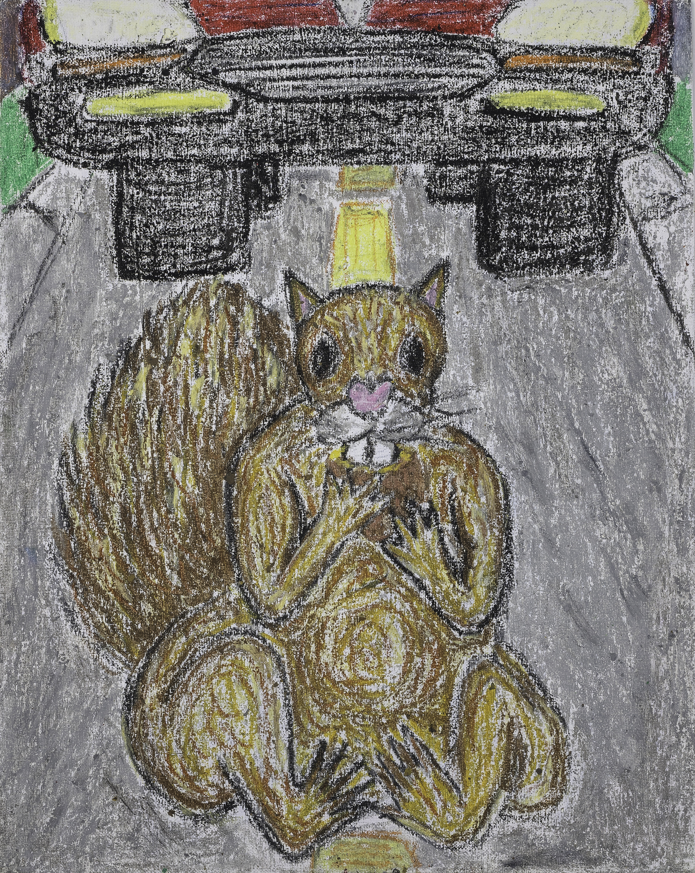 Squirrel & Car in a Way  (2021)  N-Dimensions   15.7x19.7 in  Oil Bar & Chalk on Flat Canvas