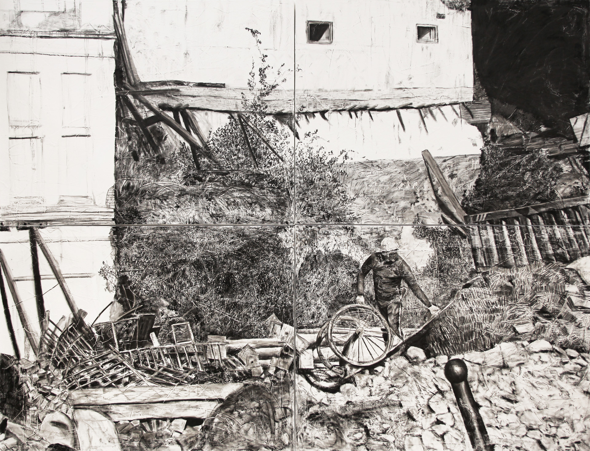 Lonely worker in Kathmandu, 2018, charcoal, industrial paint on abandoned canvas, 224.2*291(cm)