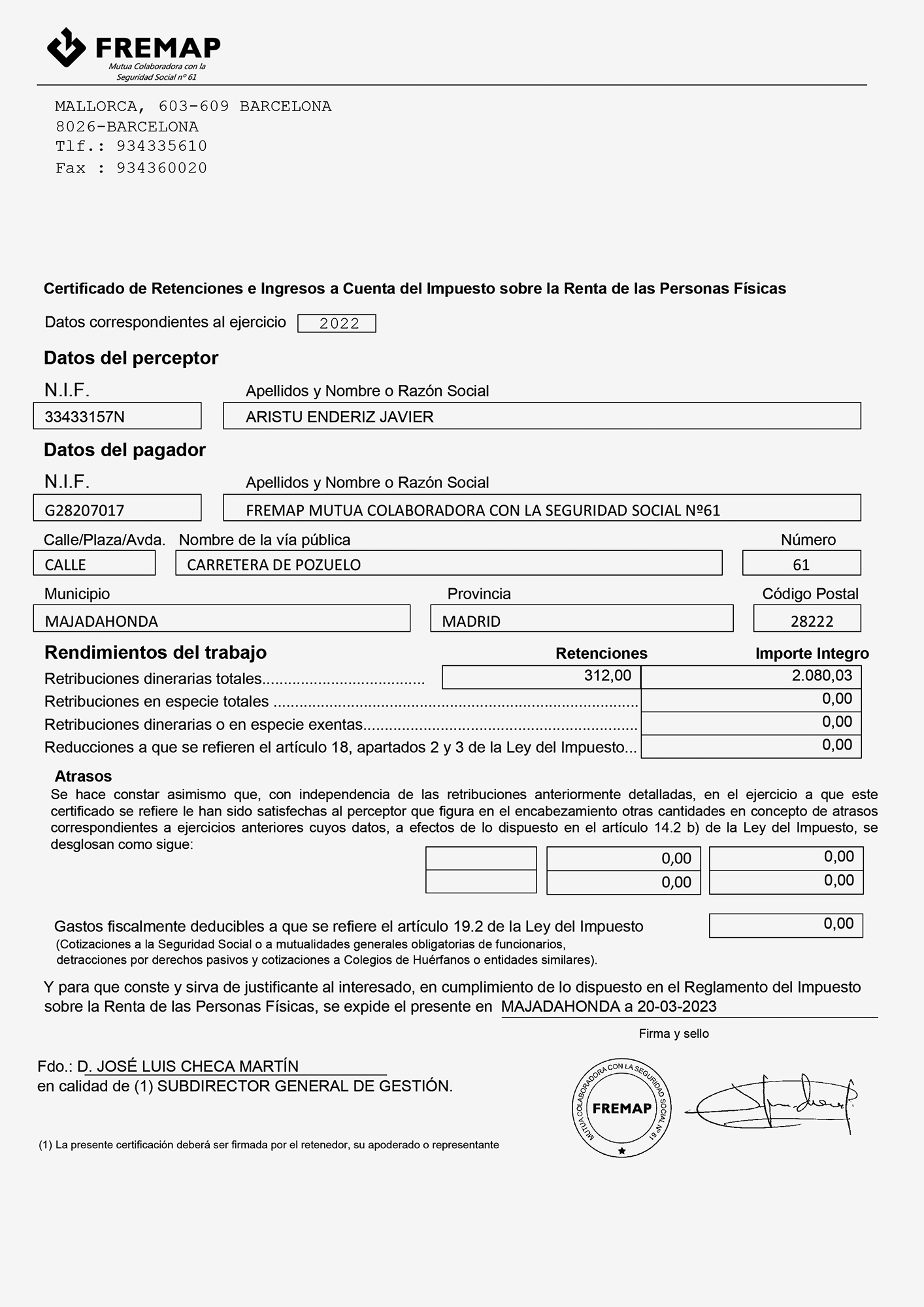 Certificado de retenciones e ingresos a cuenta del IRPF, Barcelona, 2023