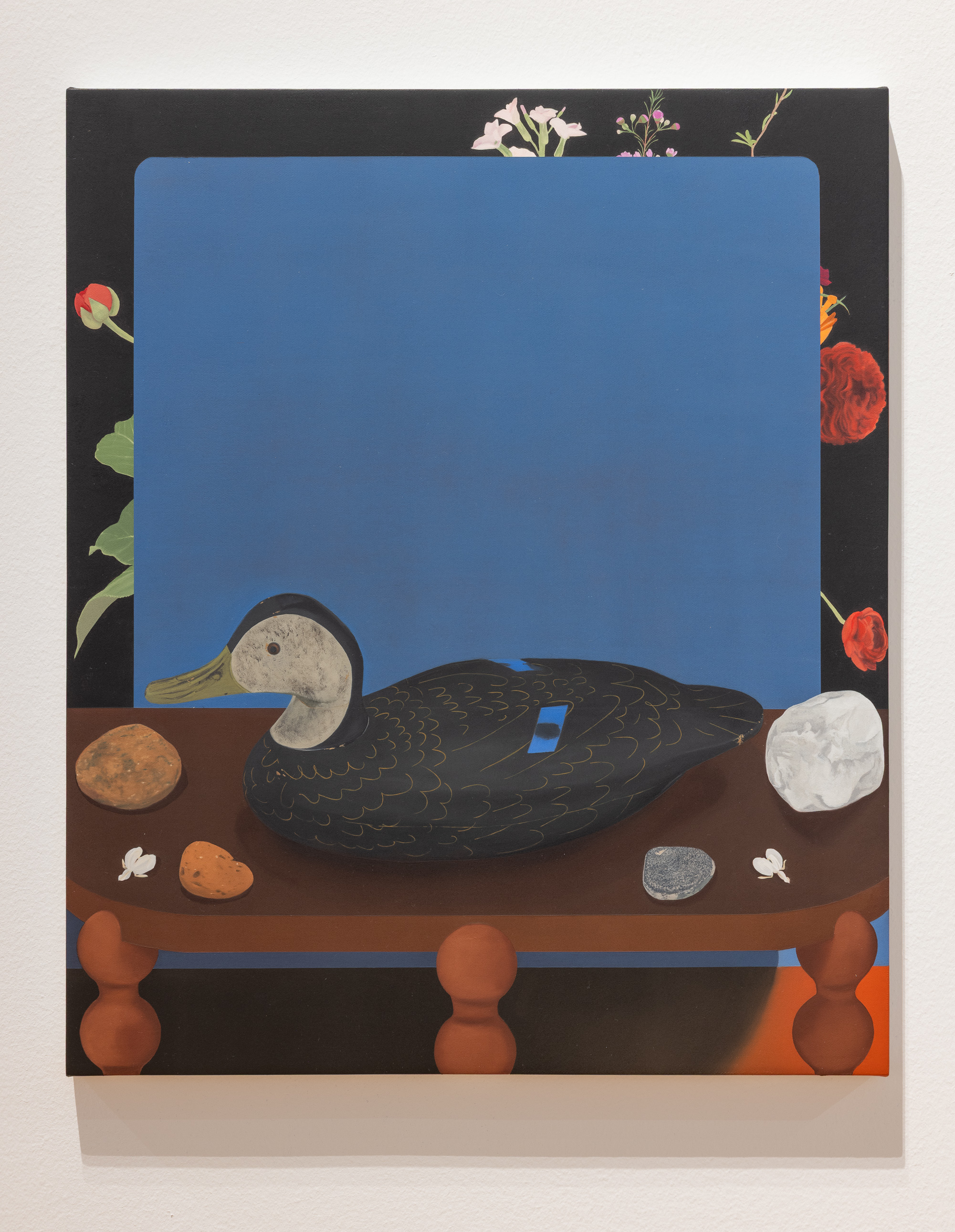 Decoy with rocks and bleeding hearts (memorial), oil and wax on canvas, 20 x 24 in. 