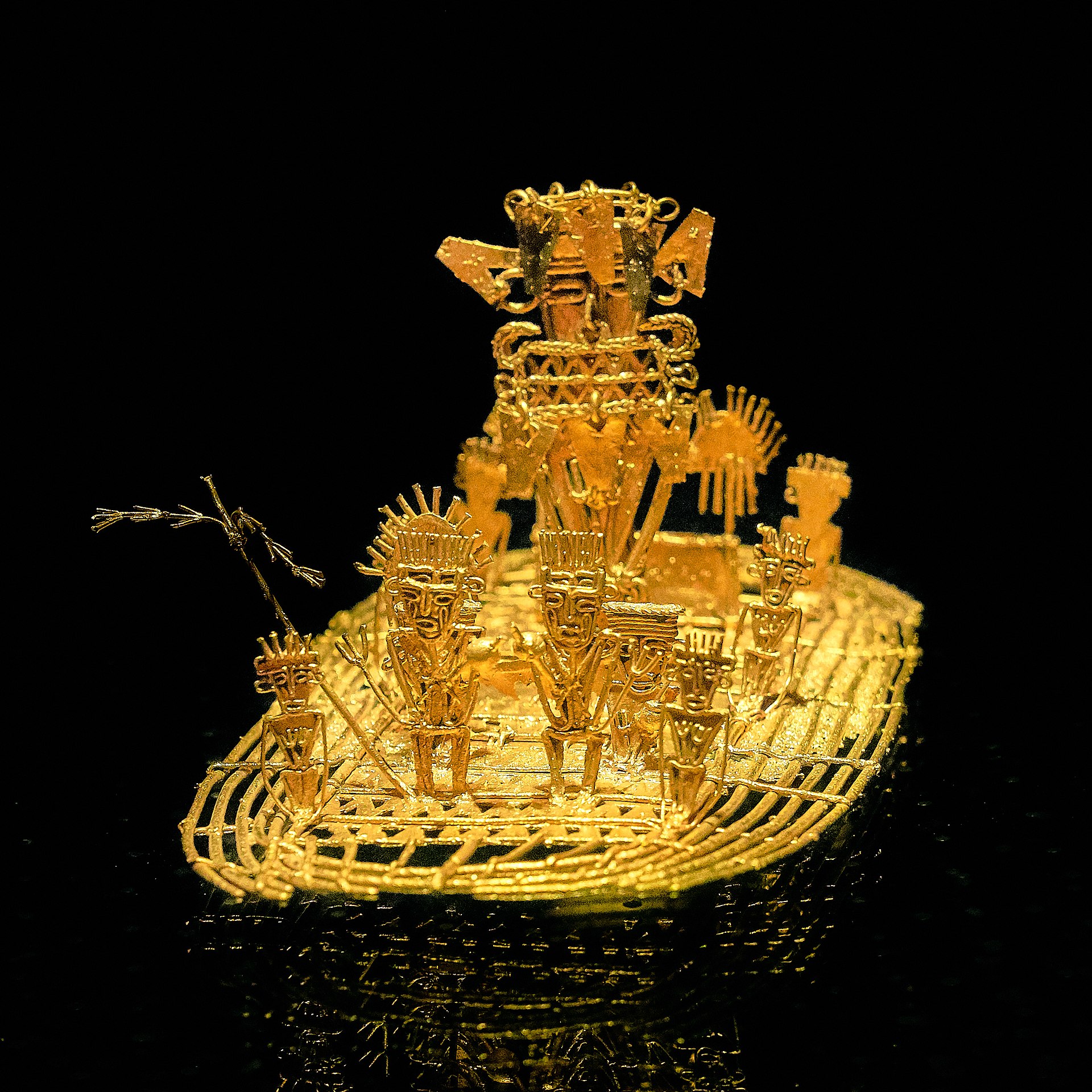 Muisca raft in the Gold Museum, Bogotá, Colombia. This raft made of gold was found in Pasca, Cundinamarca, in 1969.