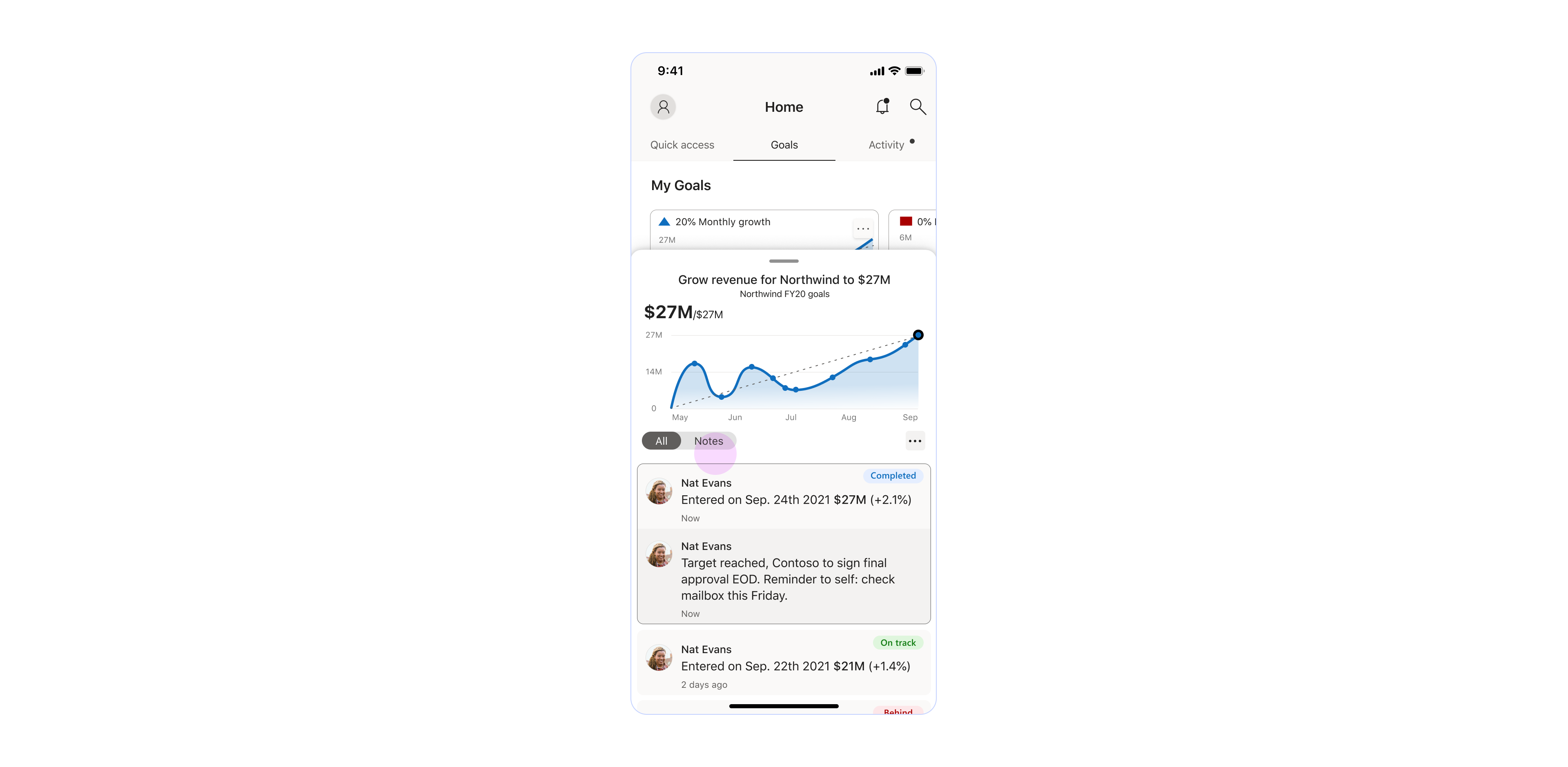 The "Note" tab a the top filters the activities to show only the ones with notes.