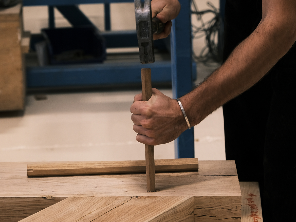 Lorsque le charpentier enfonce la cheville à l'aide d'un marteau...