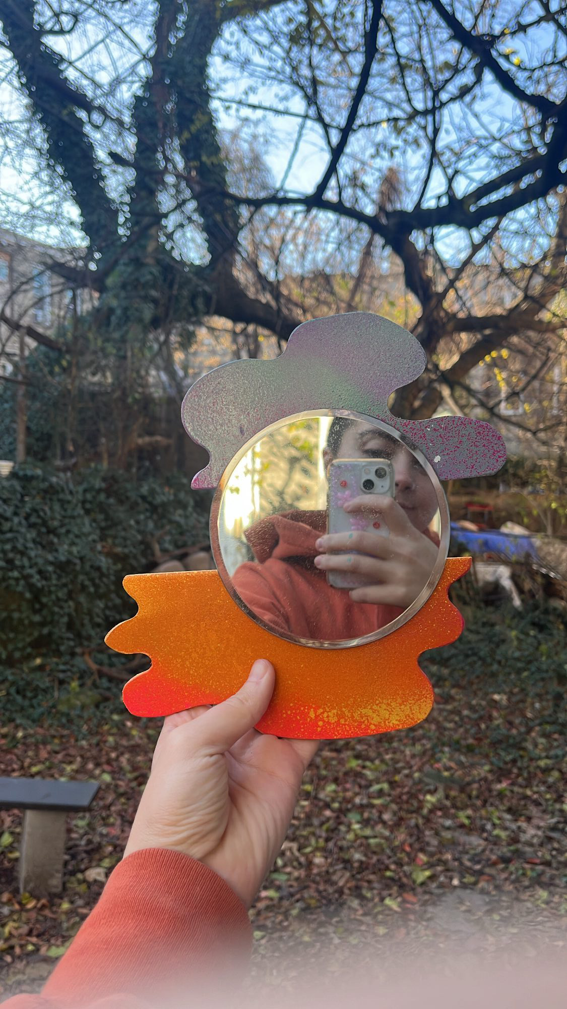 Cloud Mirror, 2022, Circular mirror, MDF, Spray paint, Metal Hardware, 8 x 11 inches