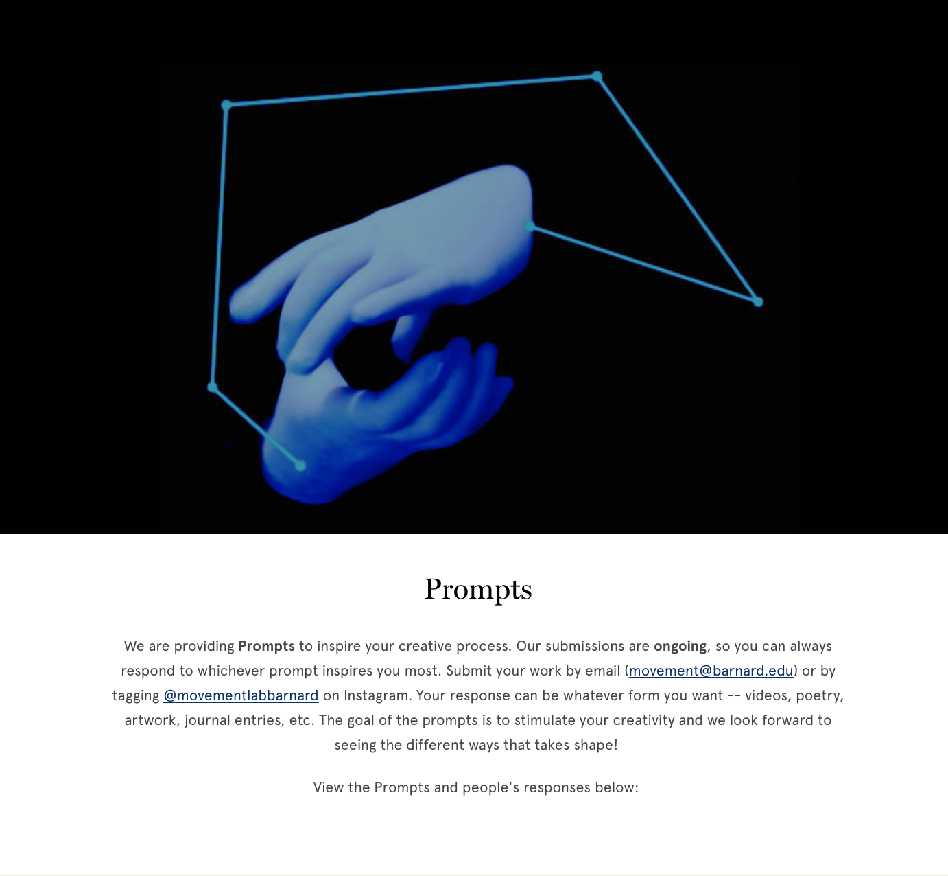 Movement Lab website Virtual Lab Prompts page developed, designed and maintained by Allison Costa, July 2018-present. Screenshot by Allison Costa.