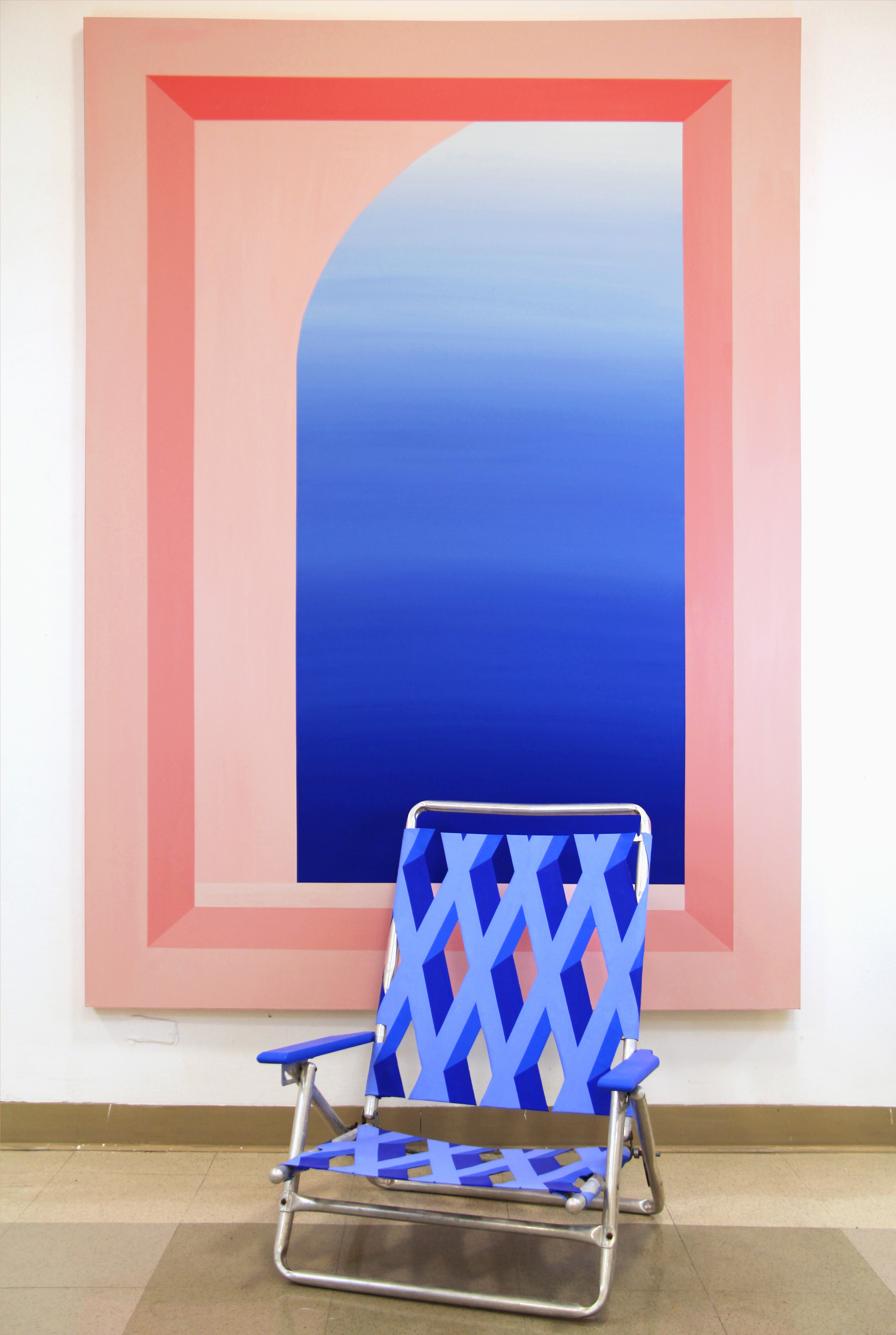 I Told My Grandma About You (painting), 2019, acrylic and Flashe on canvas, 60 x 84”.; Self-portrait in Blue (chair), 2019, acrylic and Flashe on canvas, wood and metal chair frame, chipboard, and adhesive, 22 x 25 x 35”.
