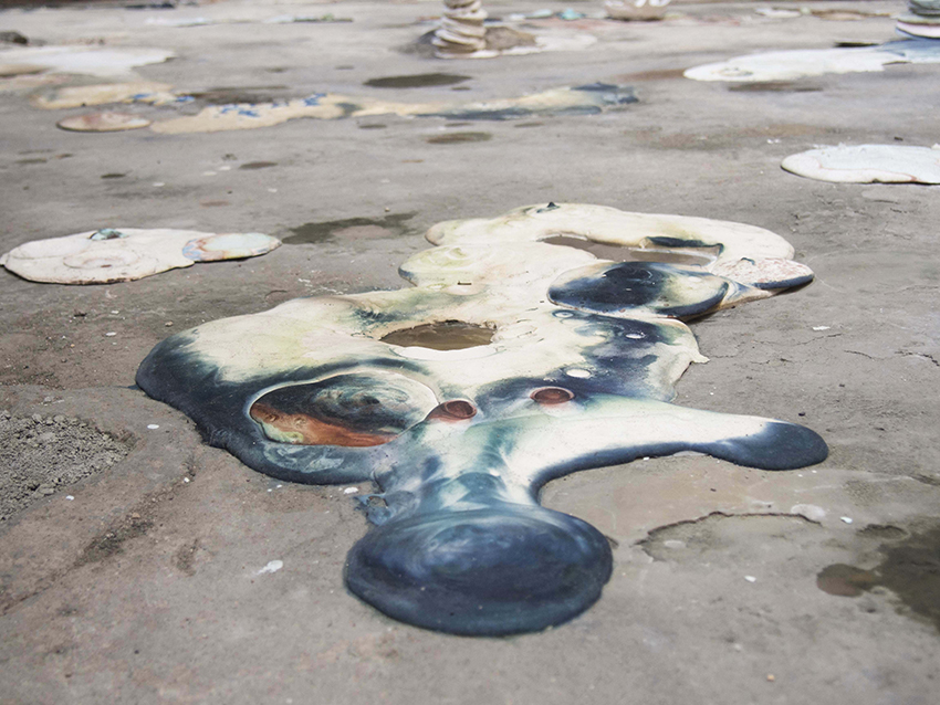 Anima (detail), 2019, Site specific installation, plaster, light-sensitive solutions, metals and derivatives compounds from silver, copper and iron, crystalised potassium alum, copper, steel, approx. 800 x 950 x160 cm