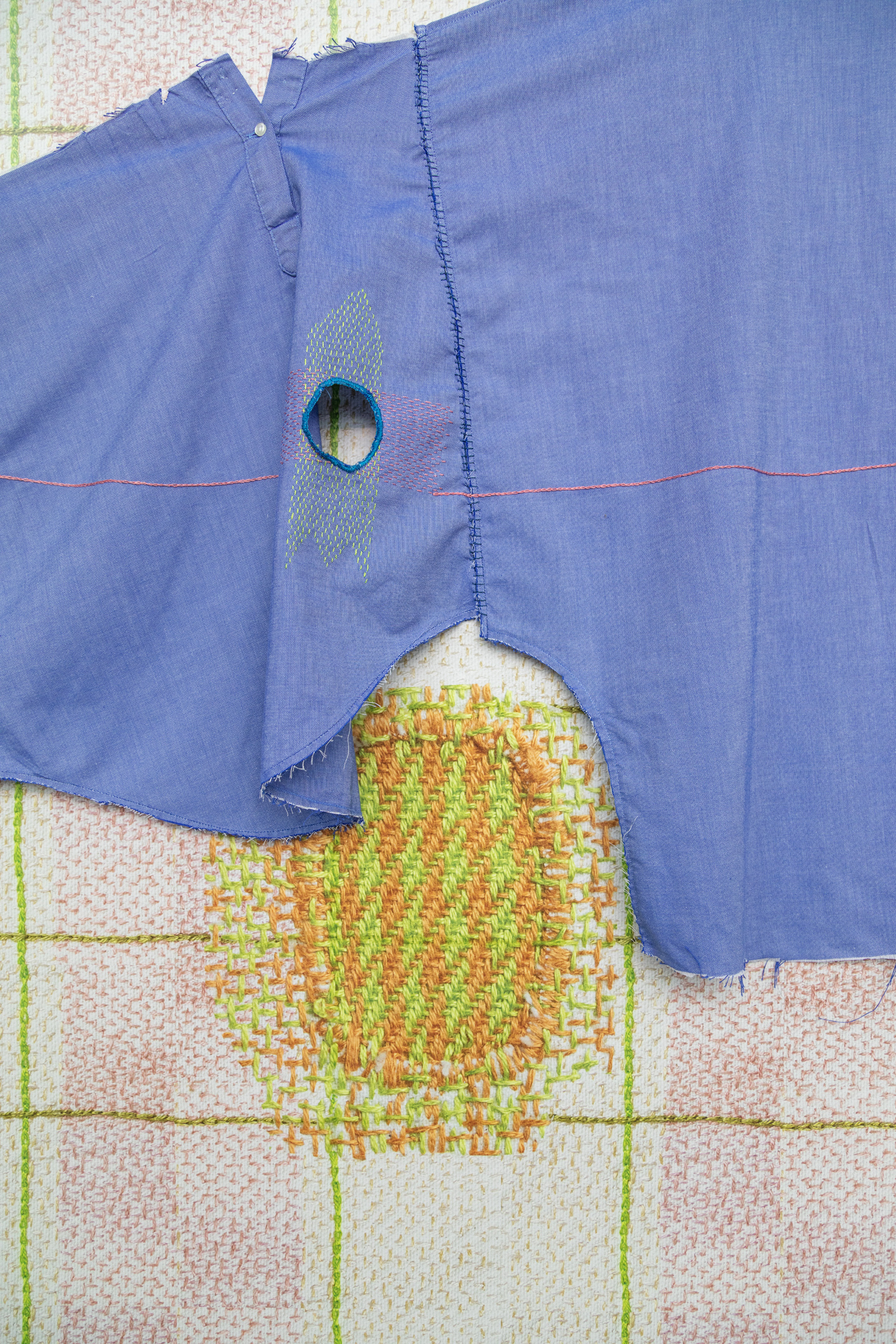 Fabric, embroidery, and vinyl photo decal. 8' x12'. Photo: Clare Gatto.