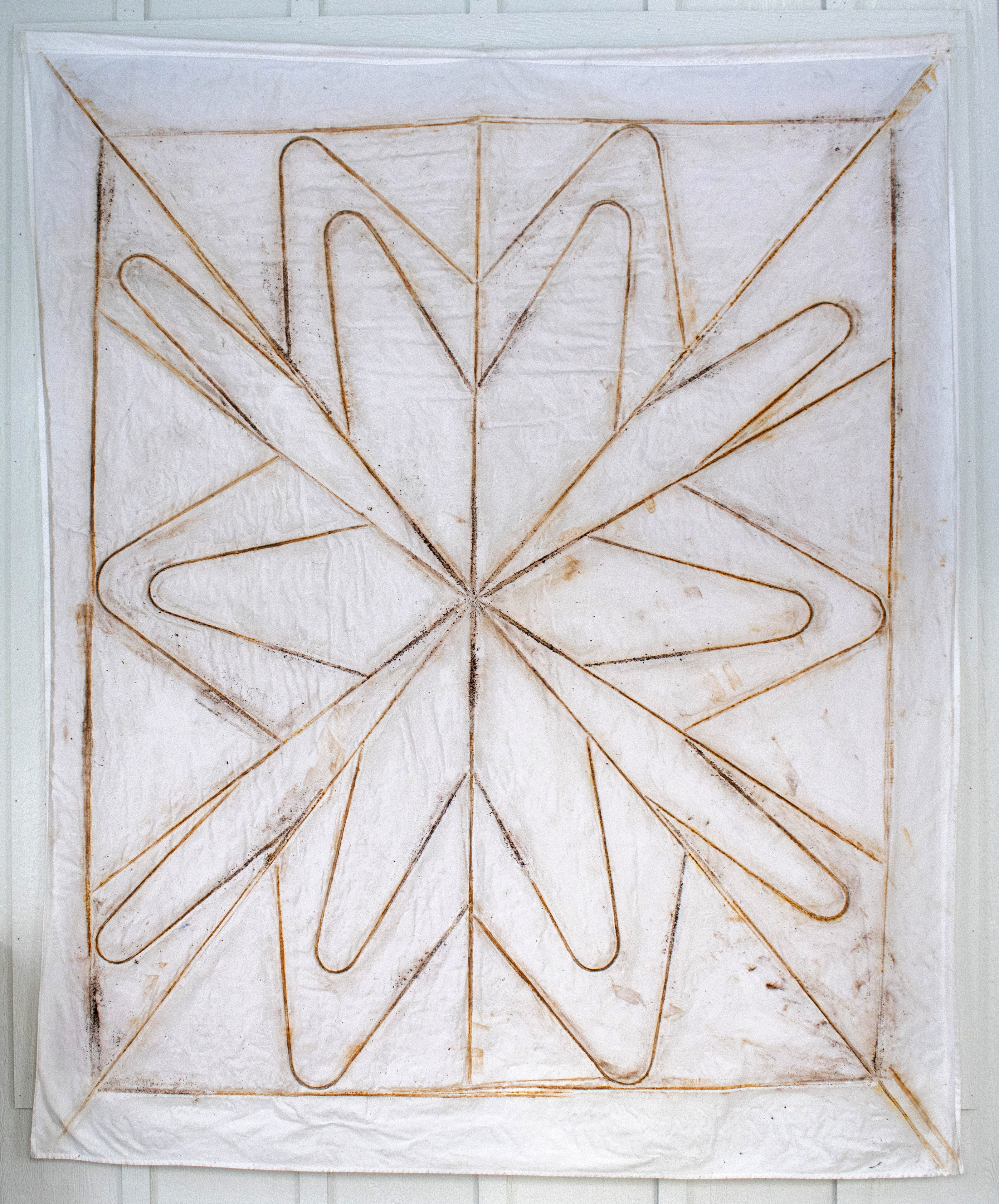 'Rustic Resonance: Queen of Bayside' 96in x 102in rust on queen-sized bedsheet