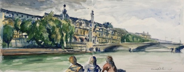 Seine bij het Louvre Parijs 1998 - watercolor 22x53 cm