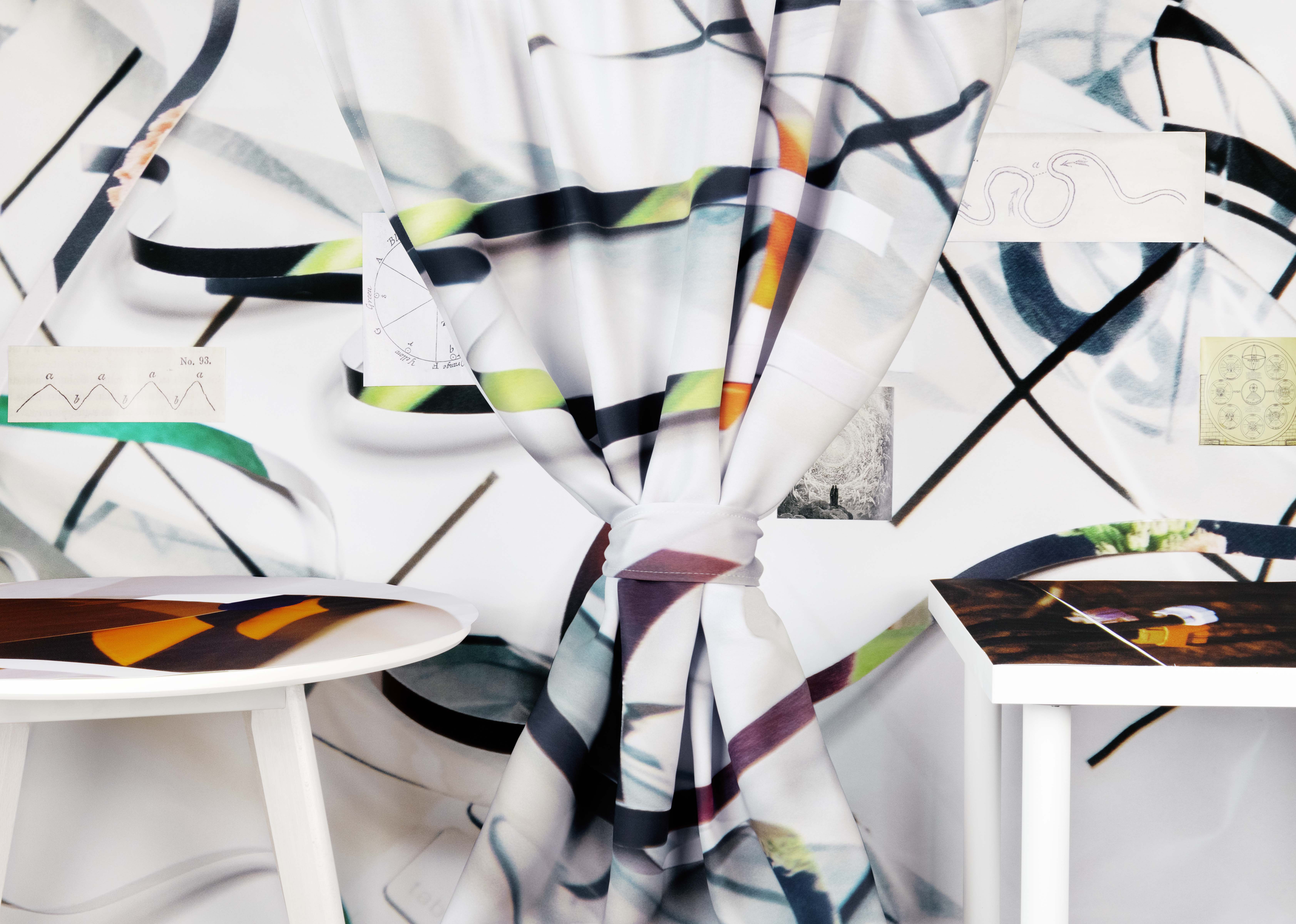 Softly Amorphous (diagram of river-courses, photo stripes, gridded plastic bag, color circle), 2023