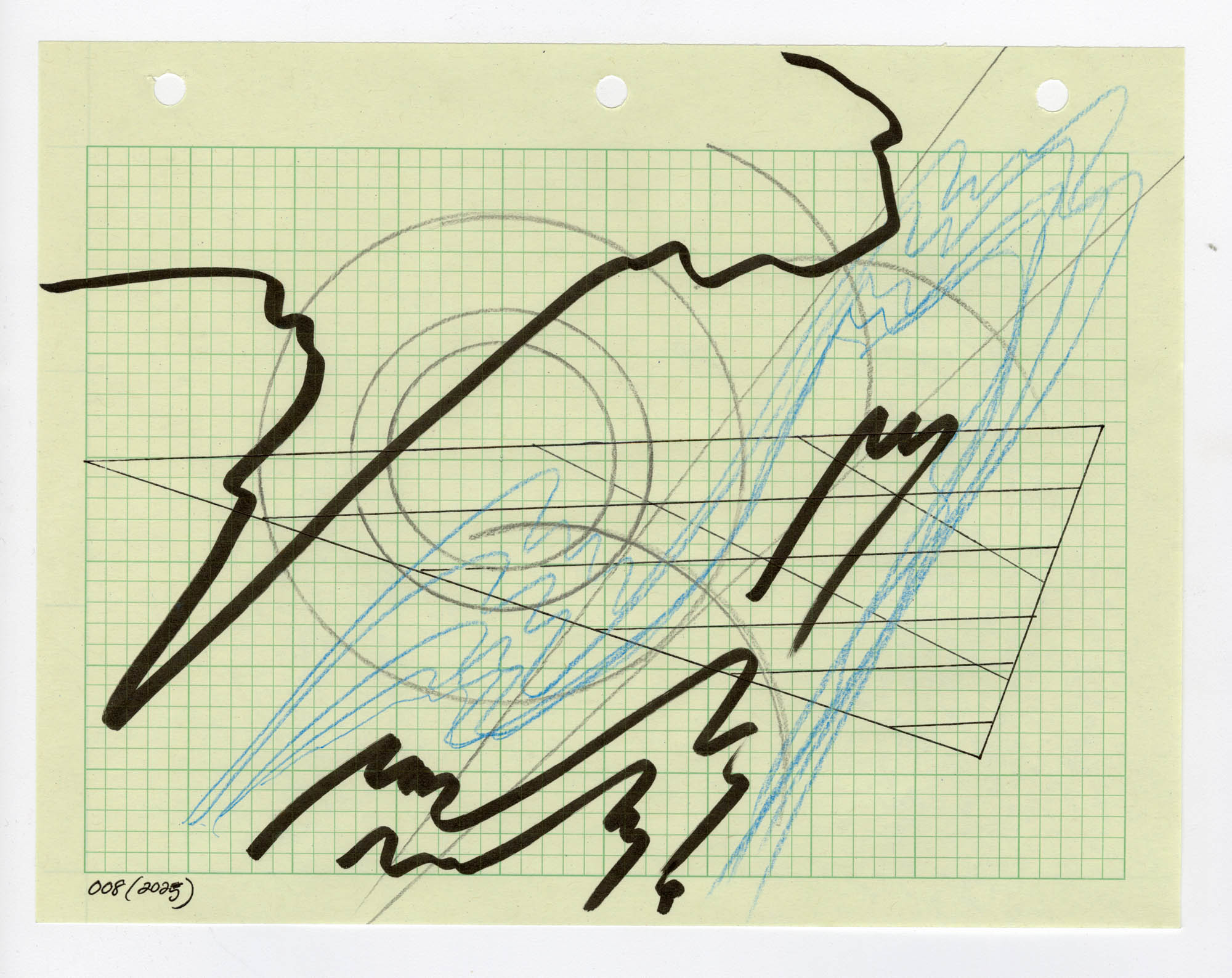 008. 2025. Graphite, colored pencil, and marker on graph paper. 11" by 8.5"