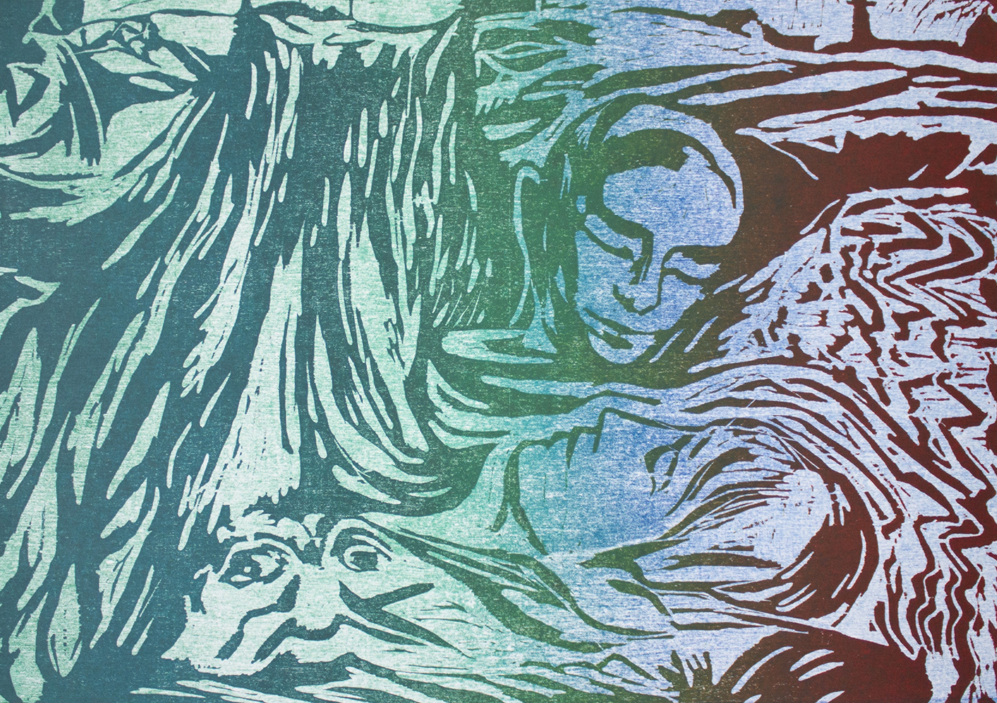 'The fold stands empty in the drowned field',  2022. Woodcut on paper, 42x30cm