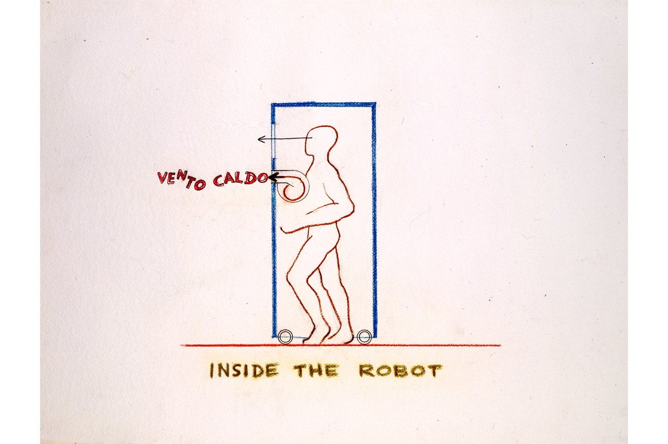 Juan DowneyVento Caldo: Inside the Robot, 1970Lápices de colores, grafito y acrílico sobre papel72.3 x 92 cm