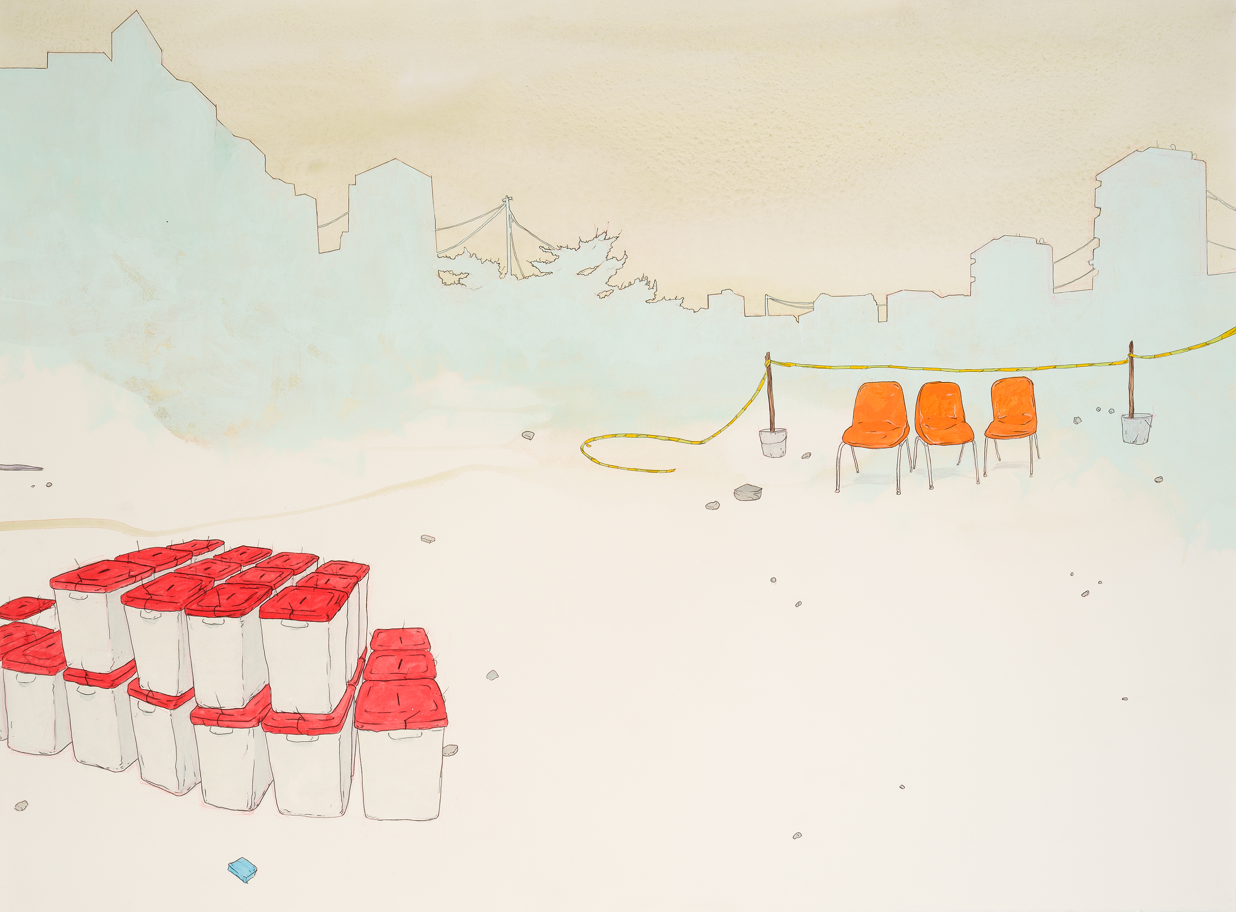 Overland Networks, graphite, gouache, acrylic on paper, 22 x 30