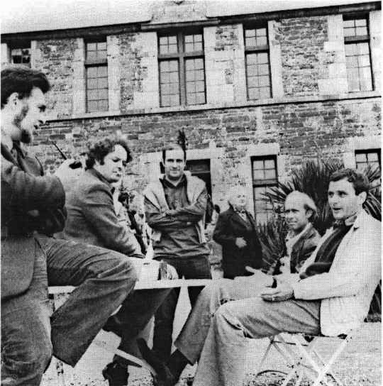 July 1972 Artaud-Bataille colloquium at Cerisy-la-Salle, France. Left to right: Jean-Louis Houdebine, Denis Roche, Jacques Henric, Marc Devade, Philippe Sollers. Photo Stanislas Ivankov