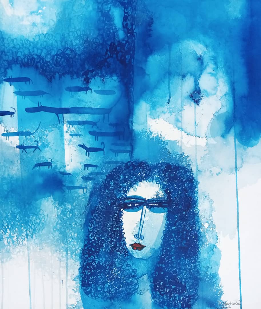 Abushariaa Ahmed, Blue for Sudan 1, 2019, Ink on Paper, 60 x 53cm, $2,000.00