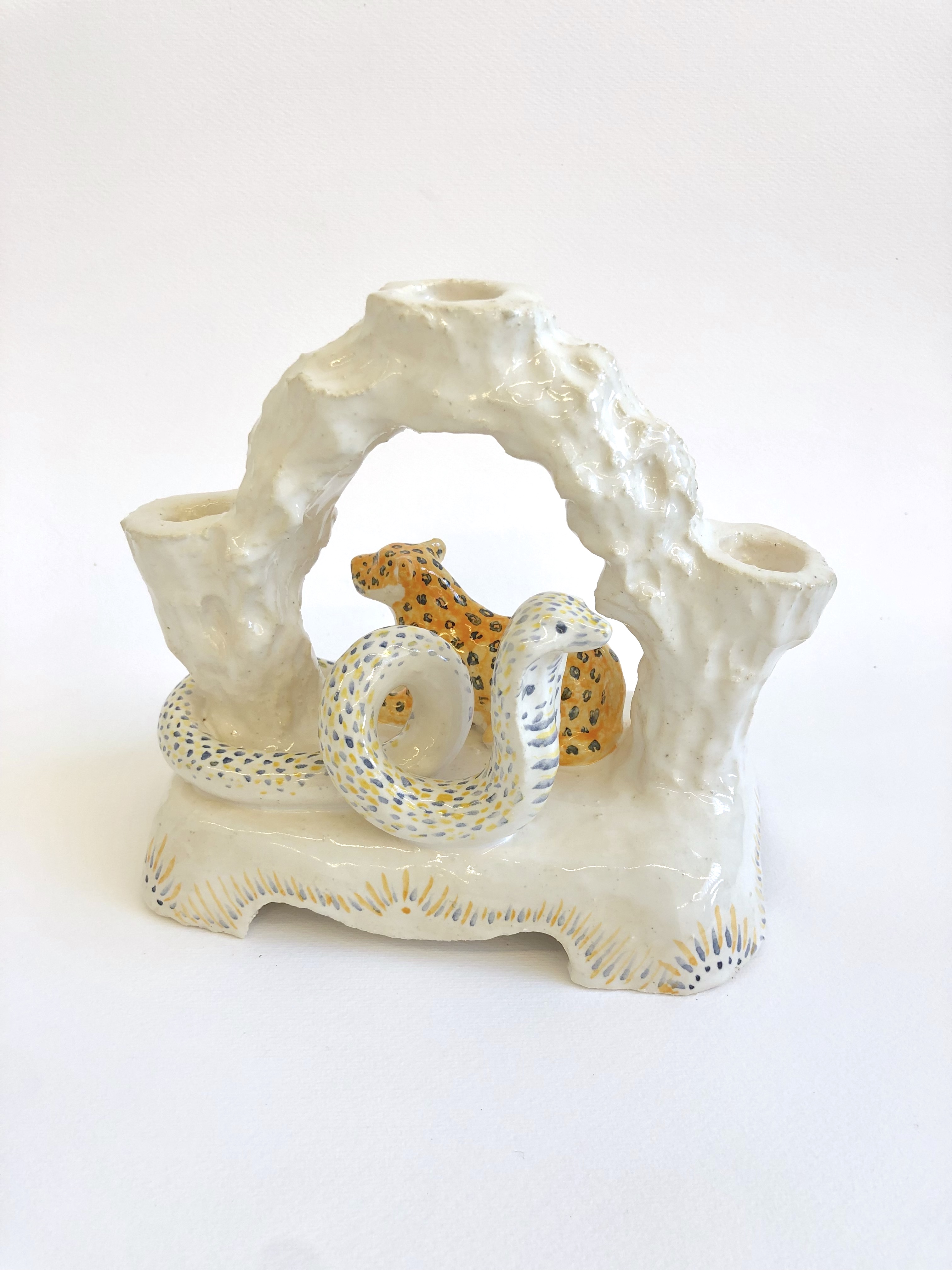 snake and leopard candle holder, glazed stoneware