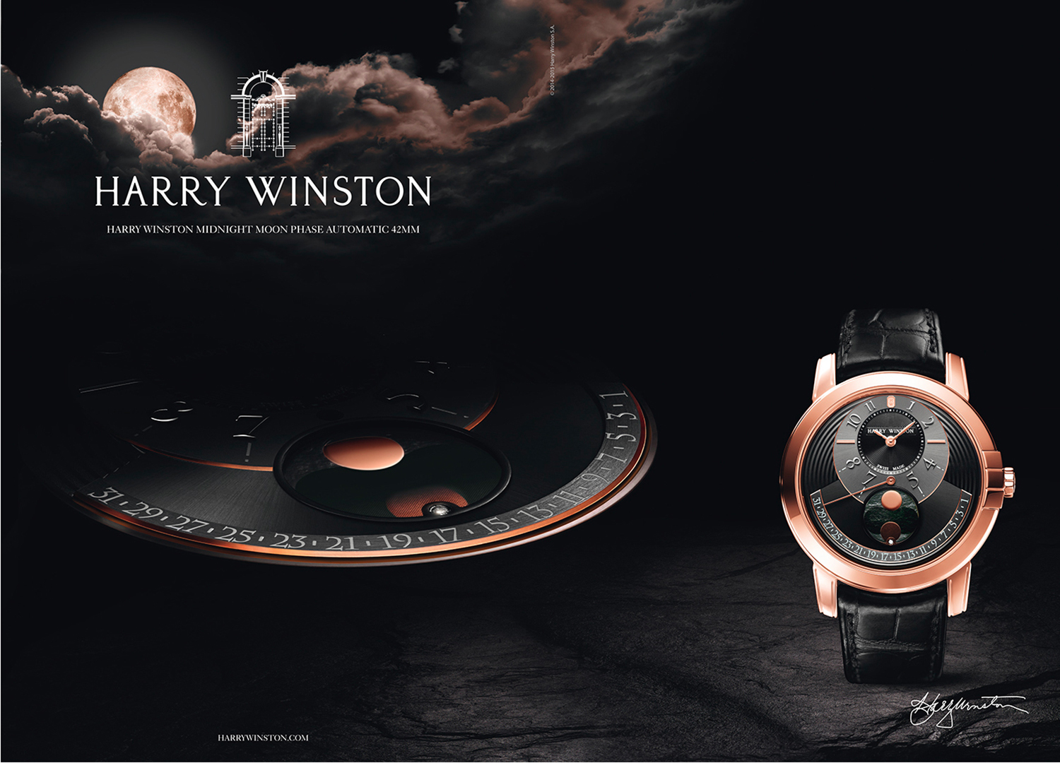 KMA photographer Isabelle Bonjean photographs rose gold and black watch for Harry Winston with moon and clouds in background