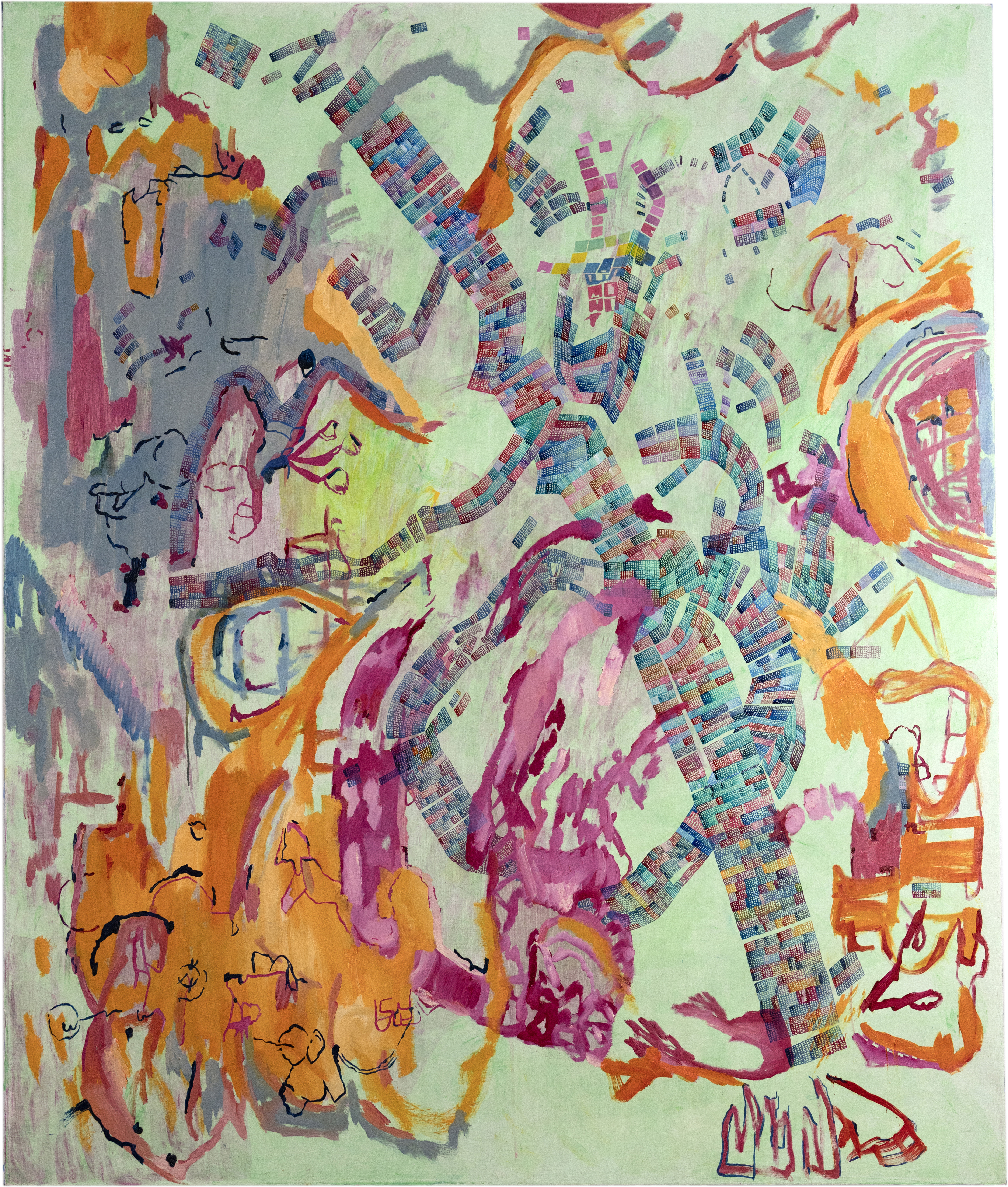 Frank&rsquo;s Sign, oil + acrylic on linen, 54 x 46 inches, 2025