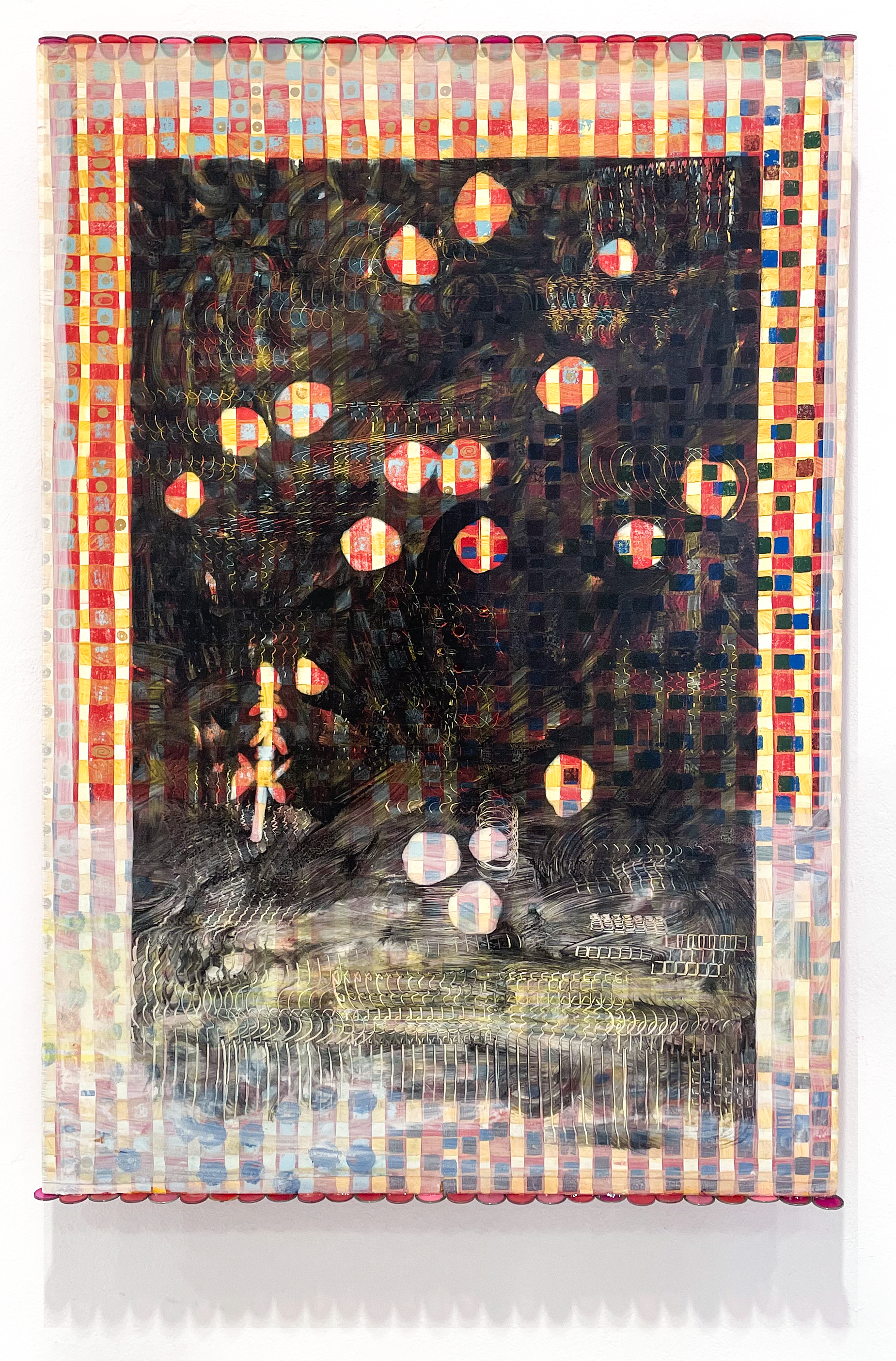 "Decidedly; Pai," 2023, Oil on Wood and Game Chips, 21” x 30”