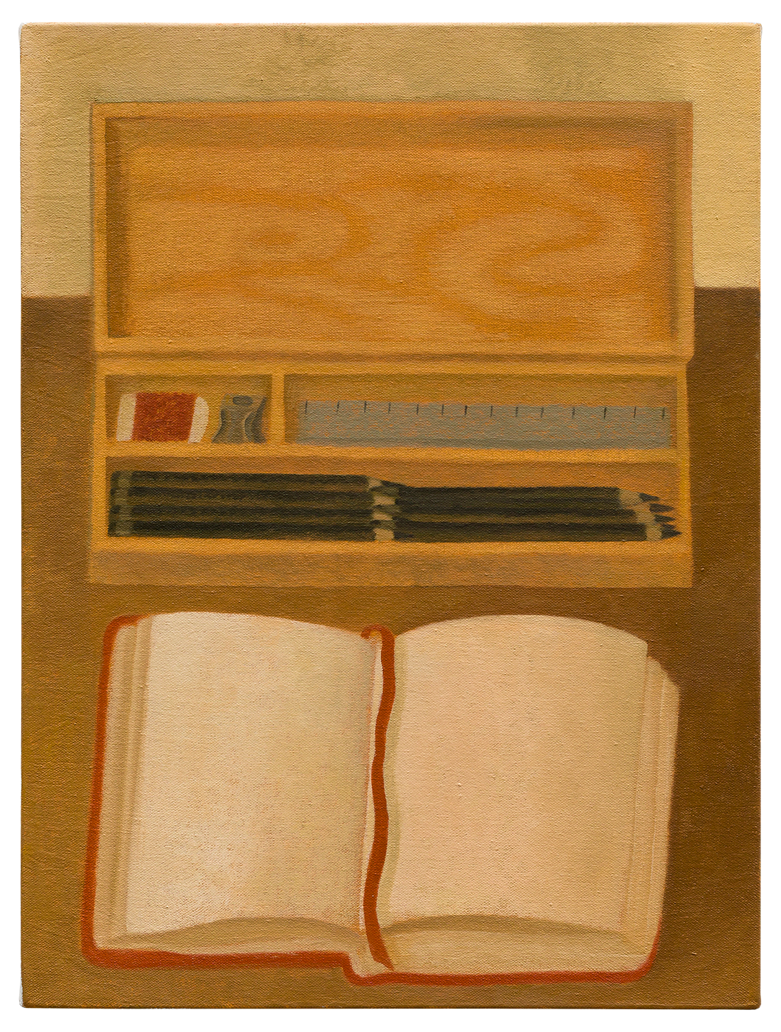 "Caixa de lápis e caderno de desenho", 2024, óleo sobre tela