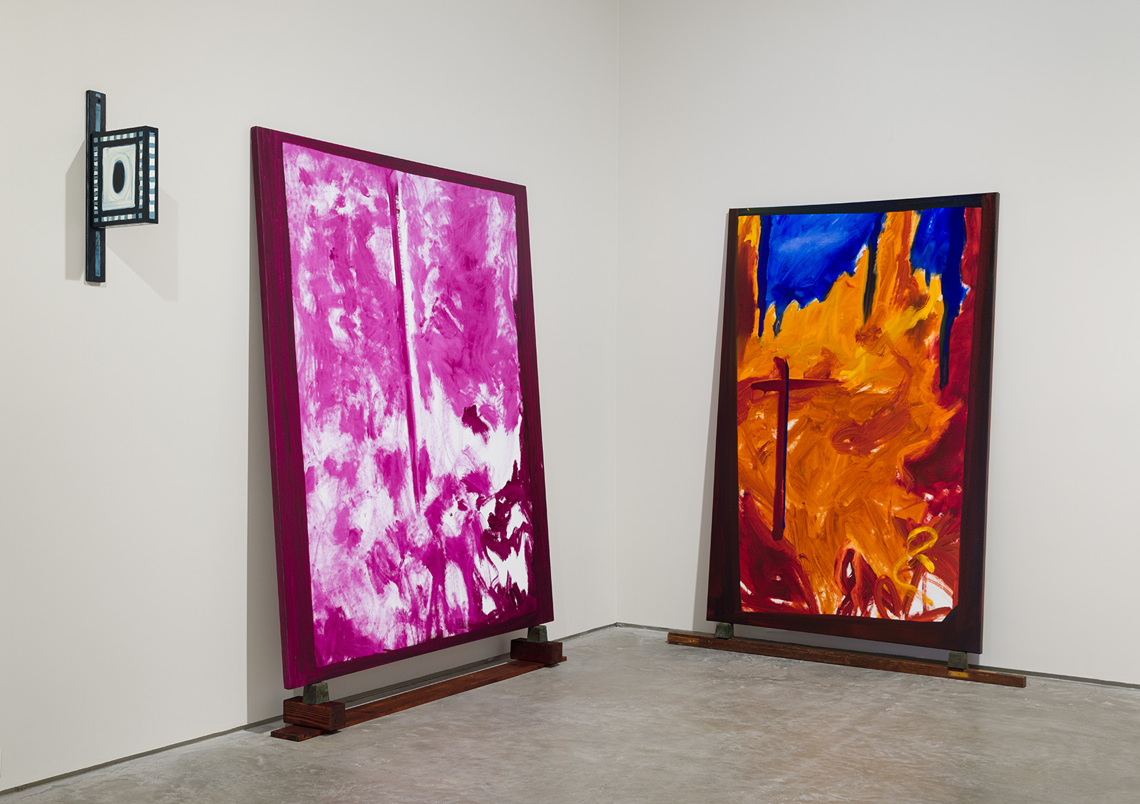 Left to Right: Peter Gynd, "The Confusion of Task and Form", 2022, Oil on wood, 24 x 11 x 2.5 inches; "The New Deities Of", 2022, Oil on canvas, 80 x 68 inches; "Adrift on an Ocean of Time", 2022, Oil on canvas, 80 x 52 inches. Image by Etienne Frossard.