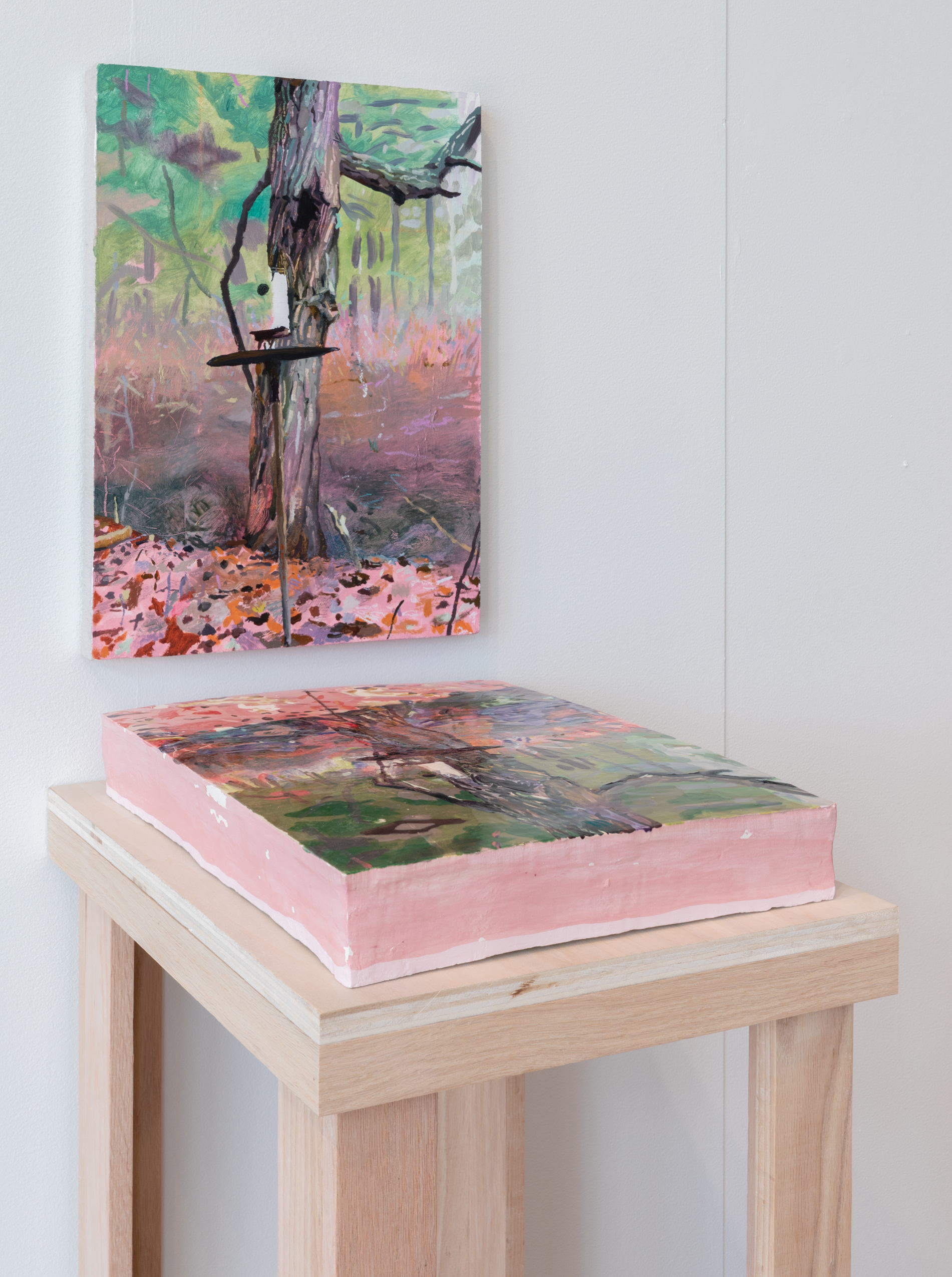 Significant Location, 15” x 18”, oil paint on canvas, wood, ceramic, glaze on poplar and oak table support, 18” x 21” x 37”, Photo by Mel Taing, 2022.