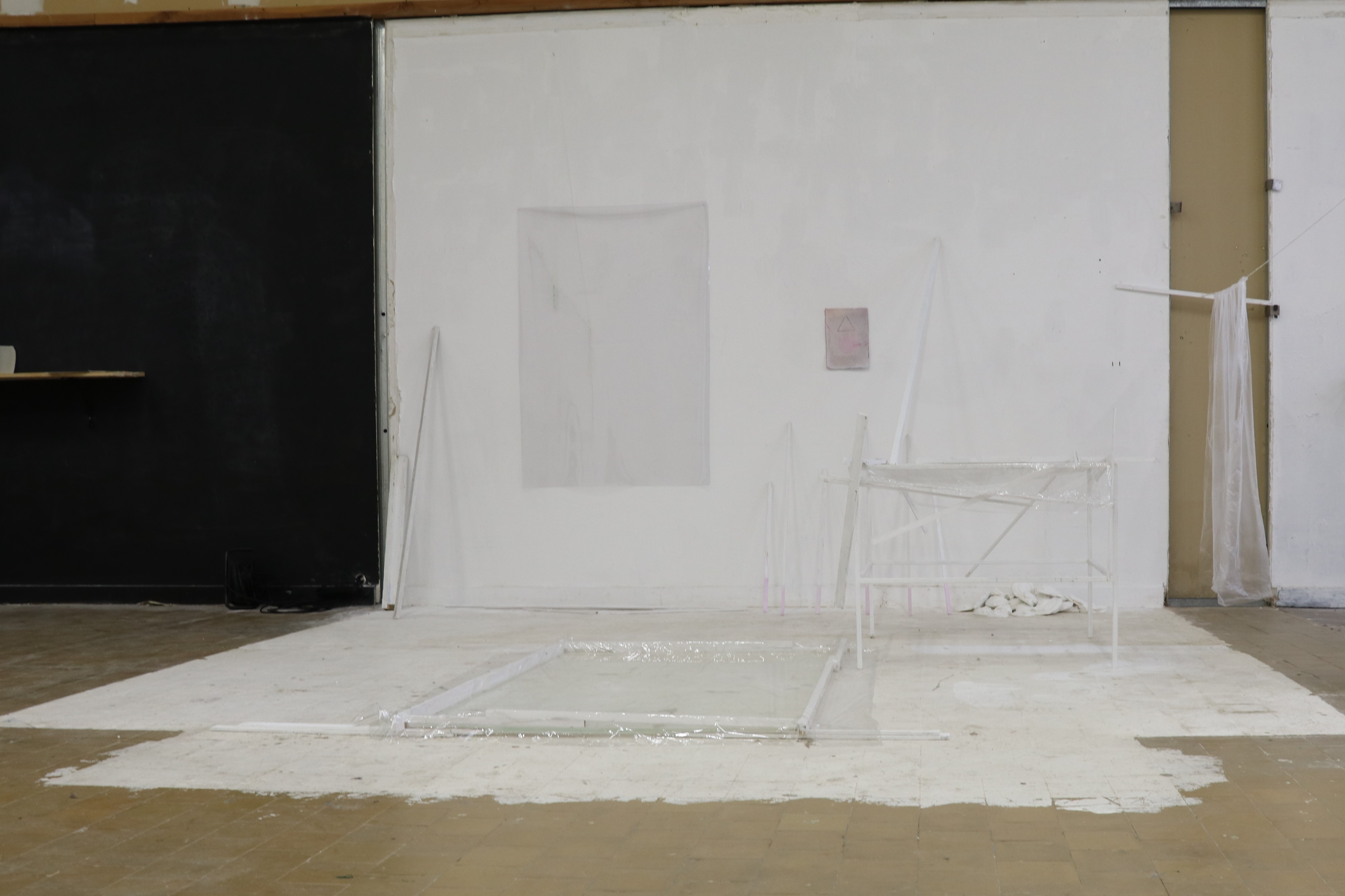 Installation of varying dimensions; wood, plastic, plaster, ink on papier, textile dye, iridescent pipe cleaner, glow stick, water, 2018.