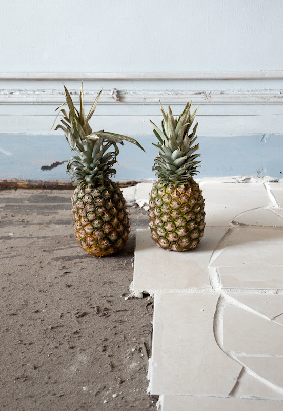 Samuel Payne, 1,380 lb Gambit, June 20, 2013-March 8, 2015, Tile, thin set, grout, chalk line dust, fruit peels, photograph, threshhold, dimensions variable