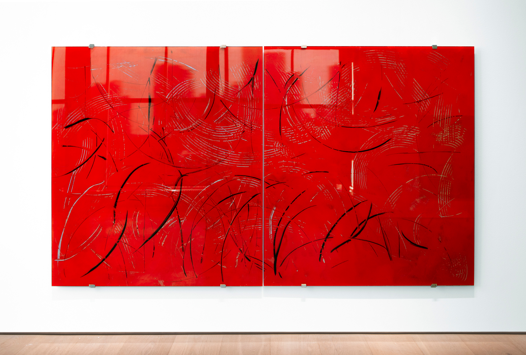 Snakes entwine while the stars tremble, 2023, acrylic paint on glass, titanium, phosphorescence, bronze, silver, ink 160 x 280cm