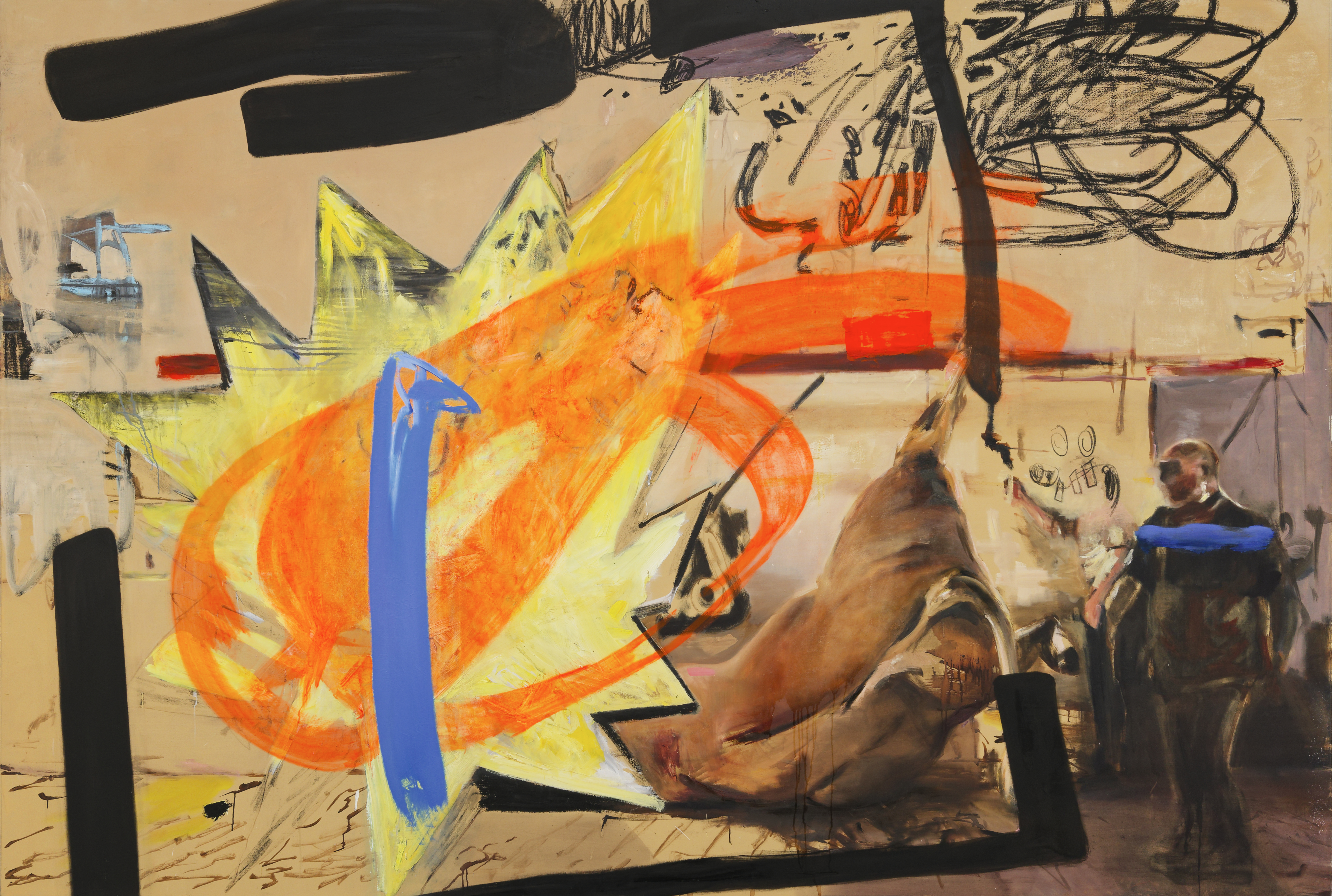 DEATH STAR, 2023, huile, bâton d’huile et fusain sur toile, 200x295cm