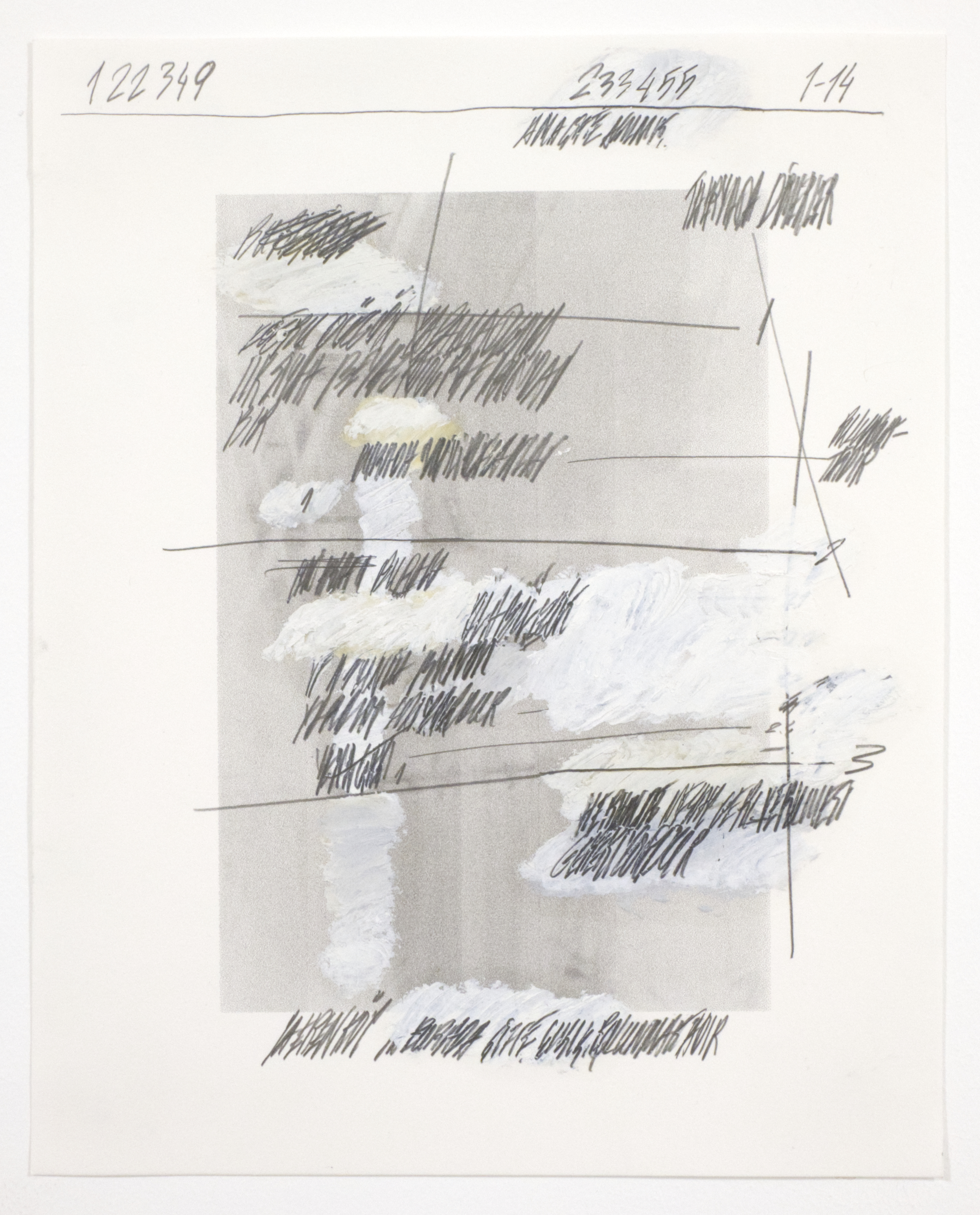 1-14, 2019. B&W film, graphite, oil on paper, 16.8 × 21 cm. (6.6 x 8.2 in.)