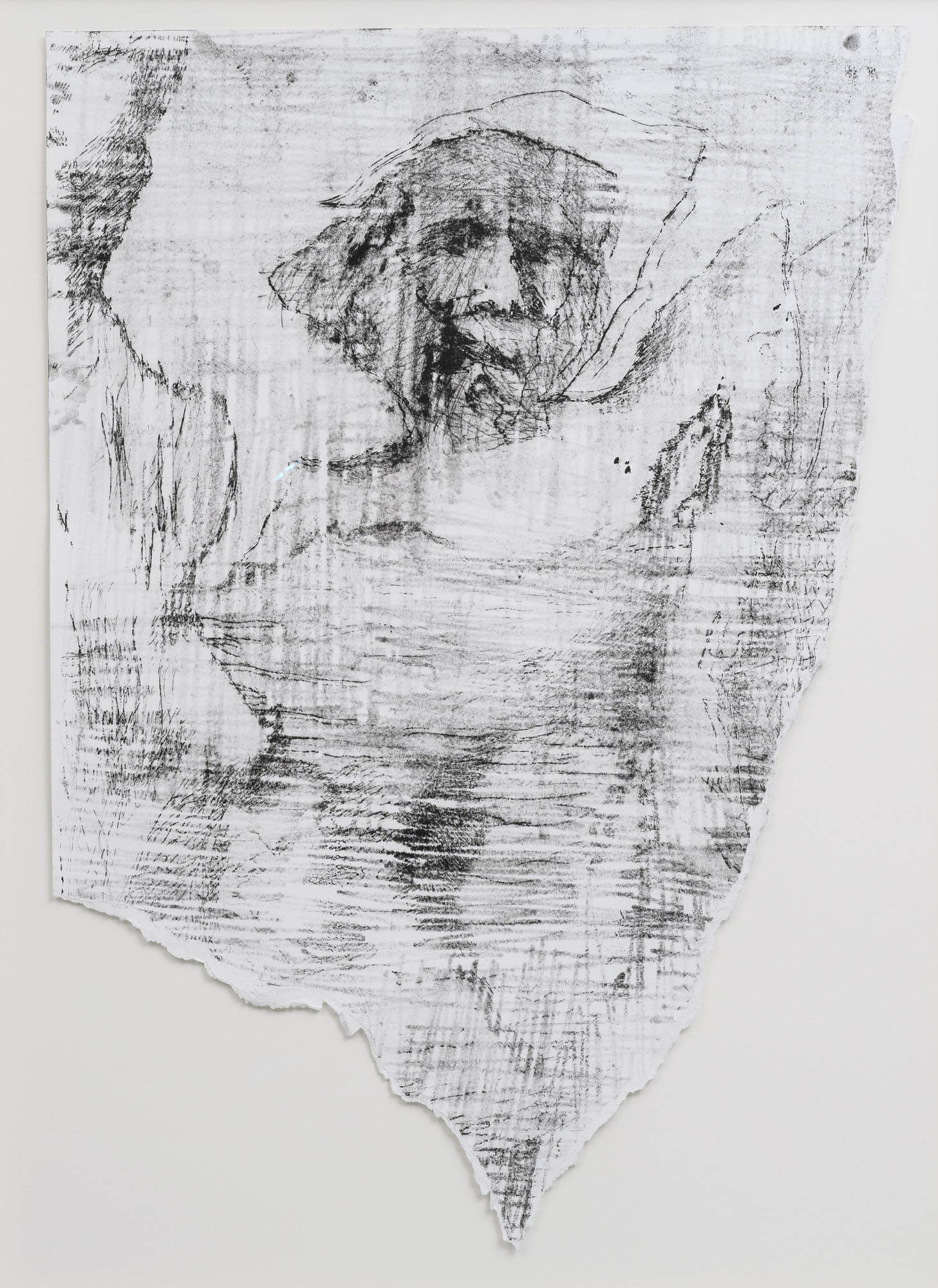 Due figure con grande volto tra le braccia (frammento)spoon-printed drypoint on paper, 97x136cm, 2025