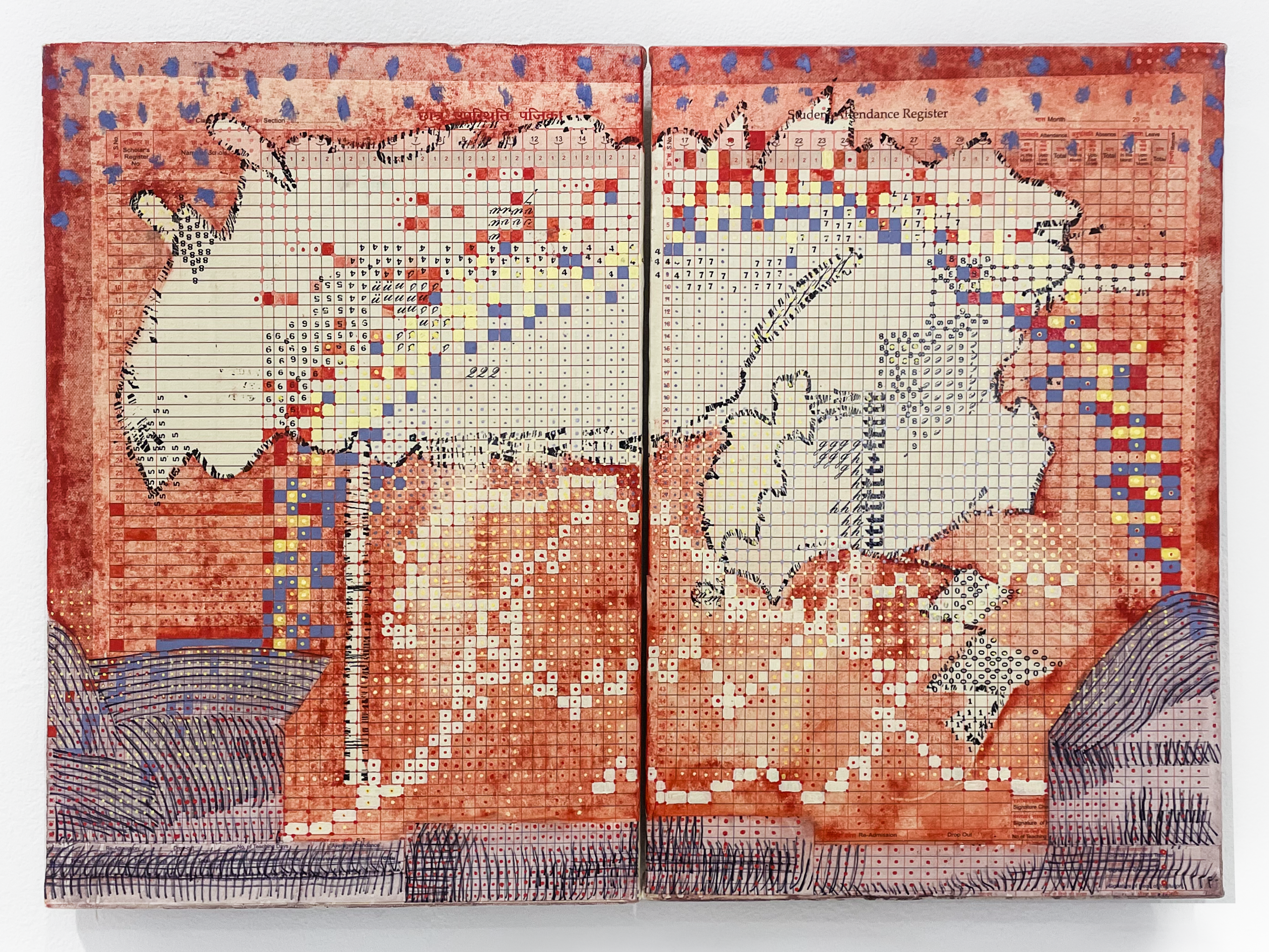 "A Wonderful Behavior" , 2024 Oil and Press-On Vinyl Letters on Student Attendance Sheets, on Canvas, on Wood 20.75” x 15”