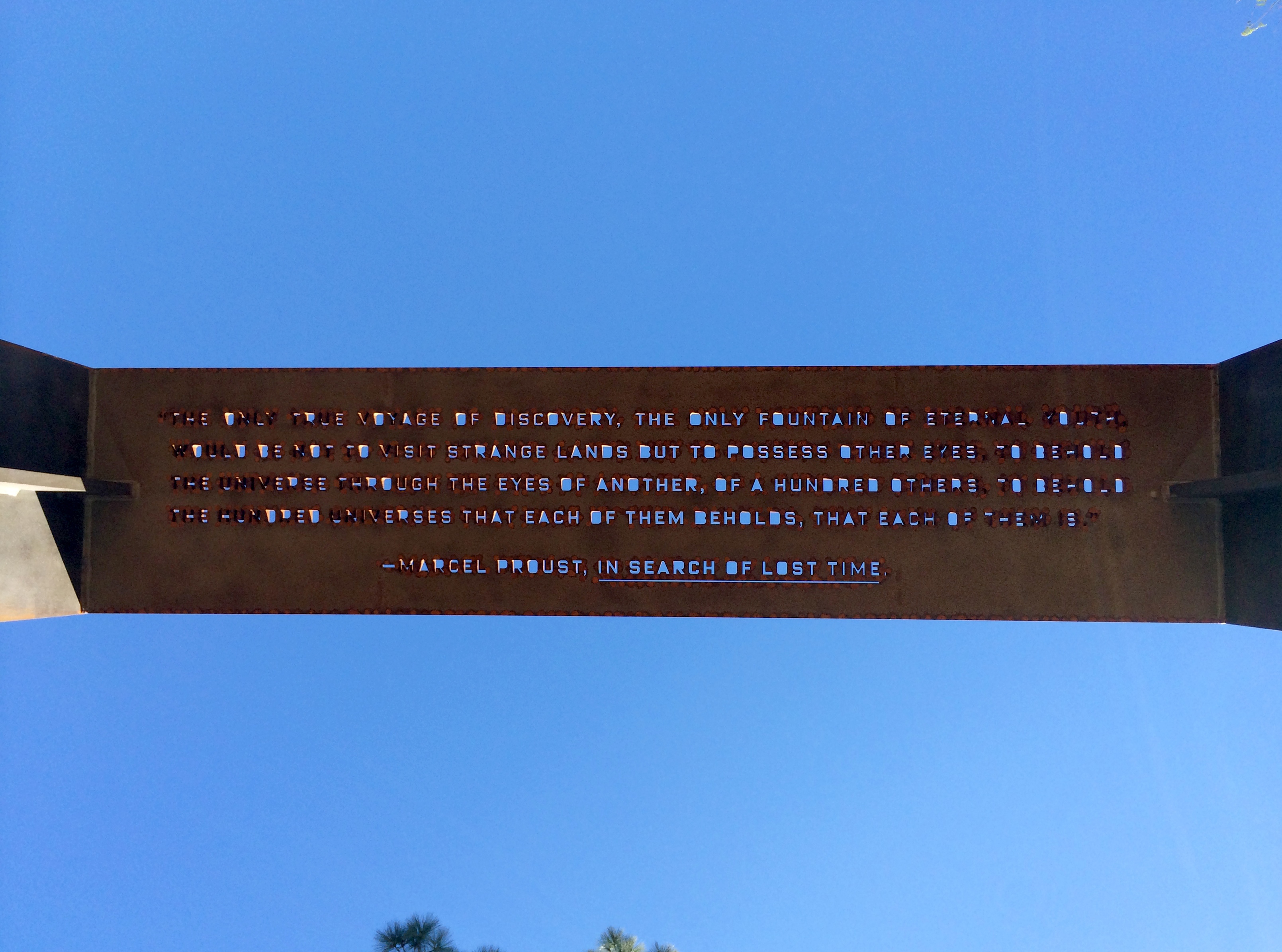 Observation Post 1, 2013; sculpture, Corten Steel; 28 × 8 × 12 feet. Installation view at the Pico Rivera Public Library.