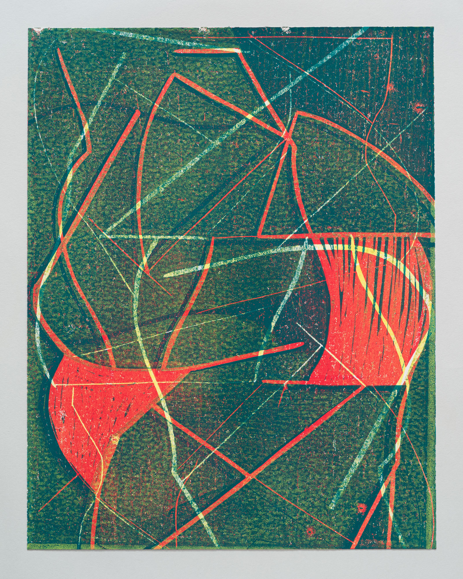 Untitled, 2024, hand-printed reduction woodcut on paper, 14 × 11".