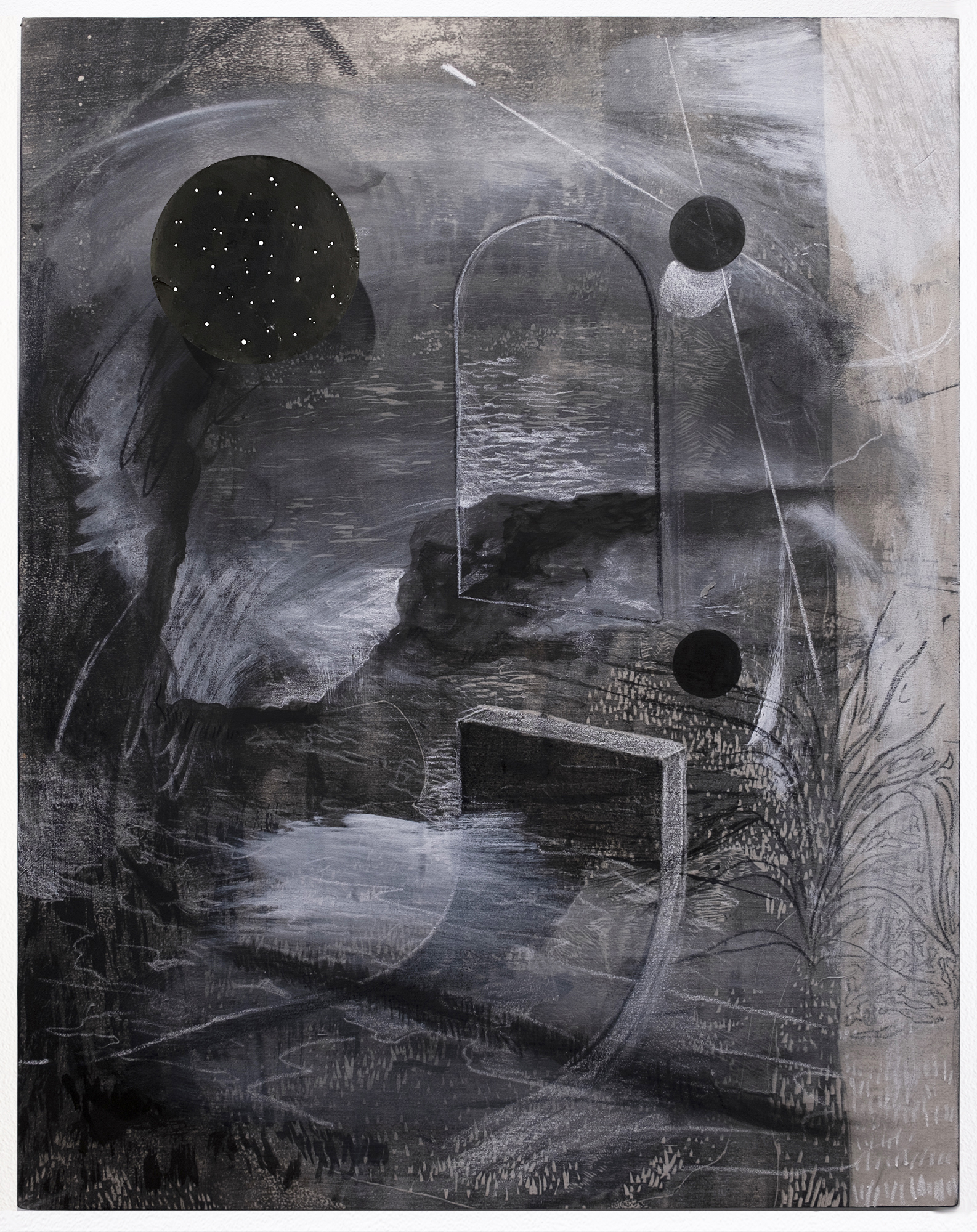 Bardo. 27x20 in. Woodcut, ink and charcoal on muslin, oil on hydrocal. 2021 