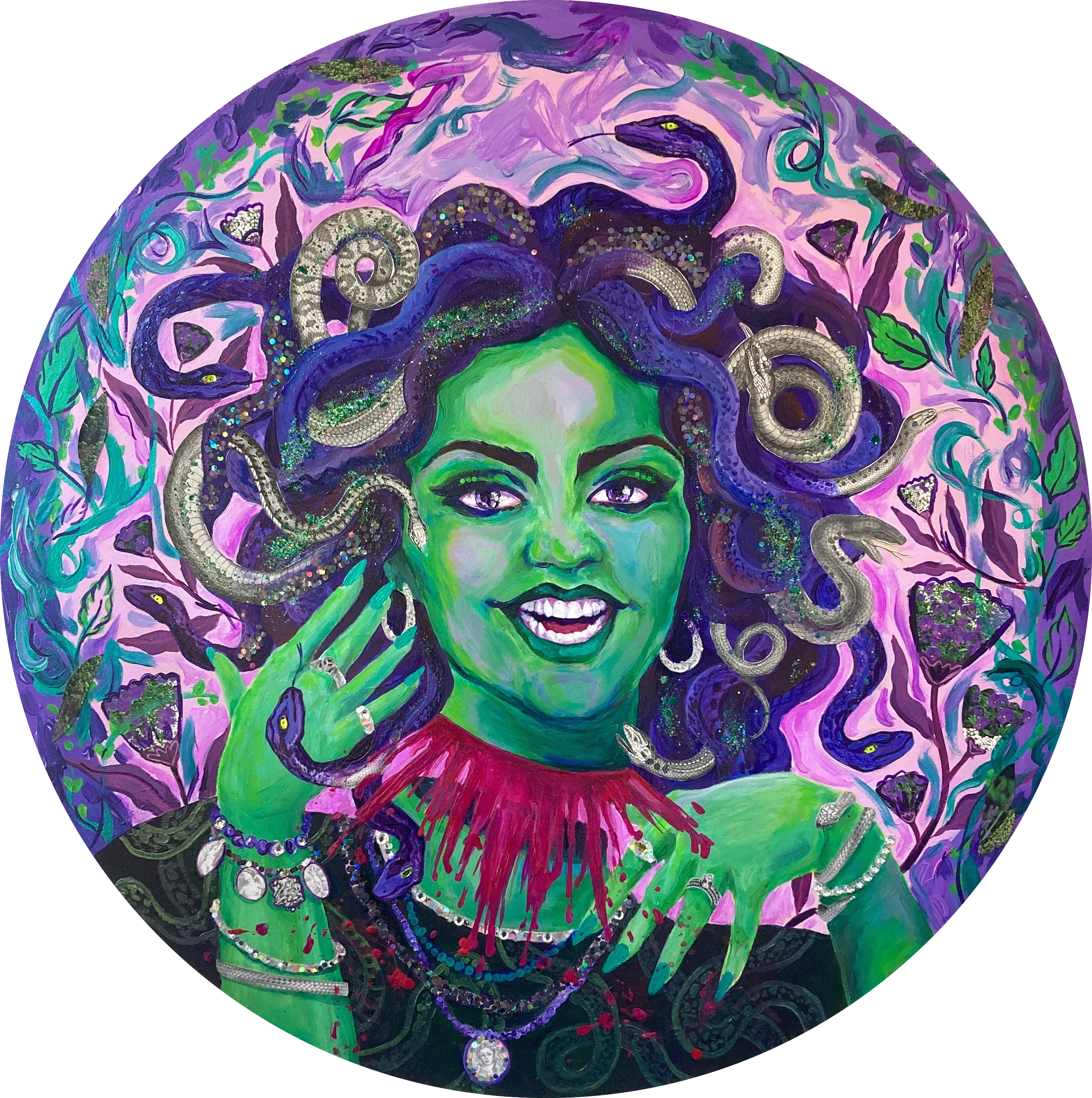 MEDUSAacrylic, hand-cut collage, and glitter on circular photo light reflector, 23x23 inches, 2022