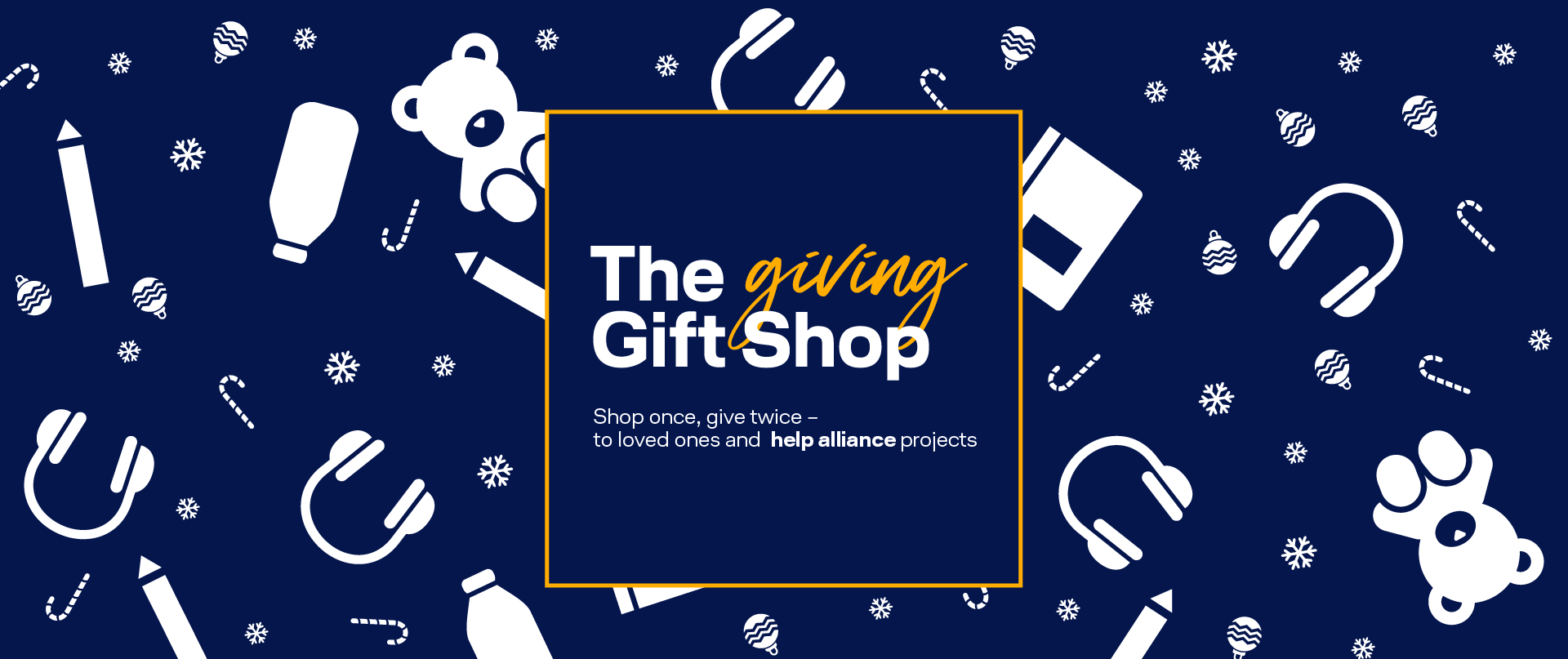 The key visual for the campaign featuring The Giving Gift Shop logo alongside the campaign tagline, set against a backdrop of product icons and festive Christmas-themed icons resembling snowfall