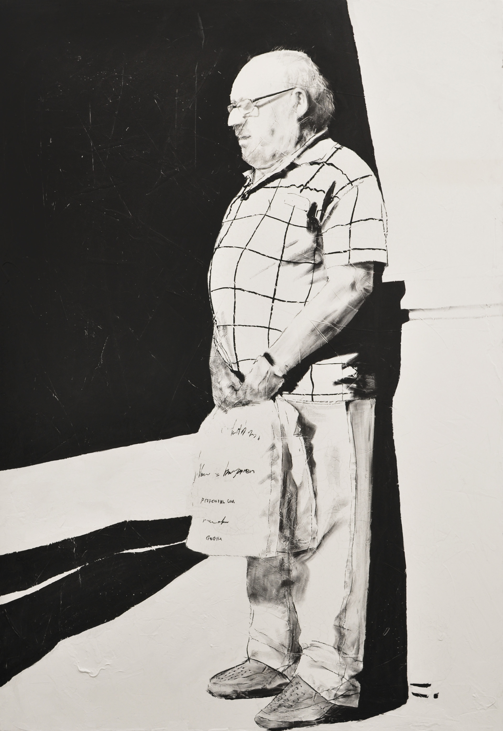 Old man holding Godiva in Belgium, 2017, charcoal, industrial paint on abandoned canvas, 193.9*112.1(cm)