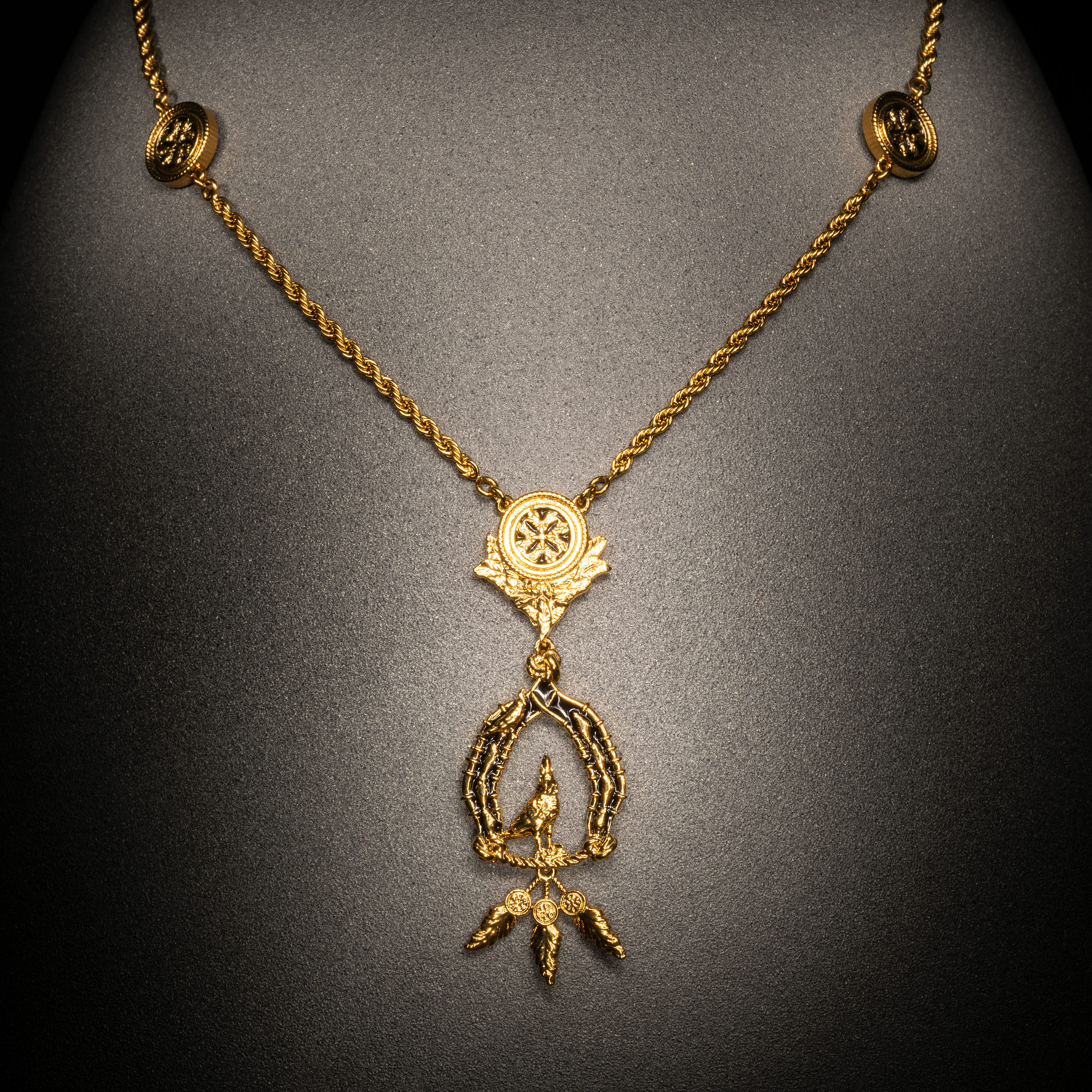 Vigor Necklace with Feathers Gold and Black View 5 by Angela Mia