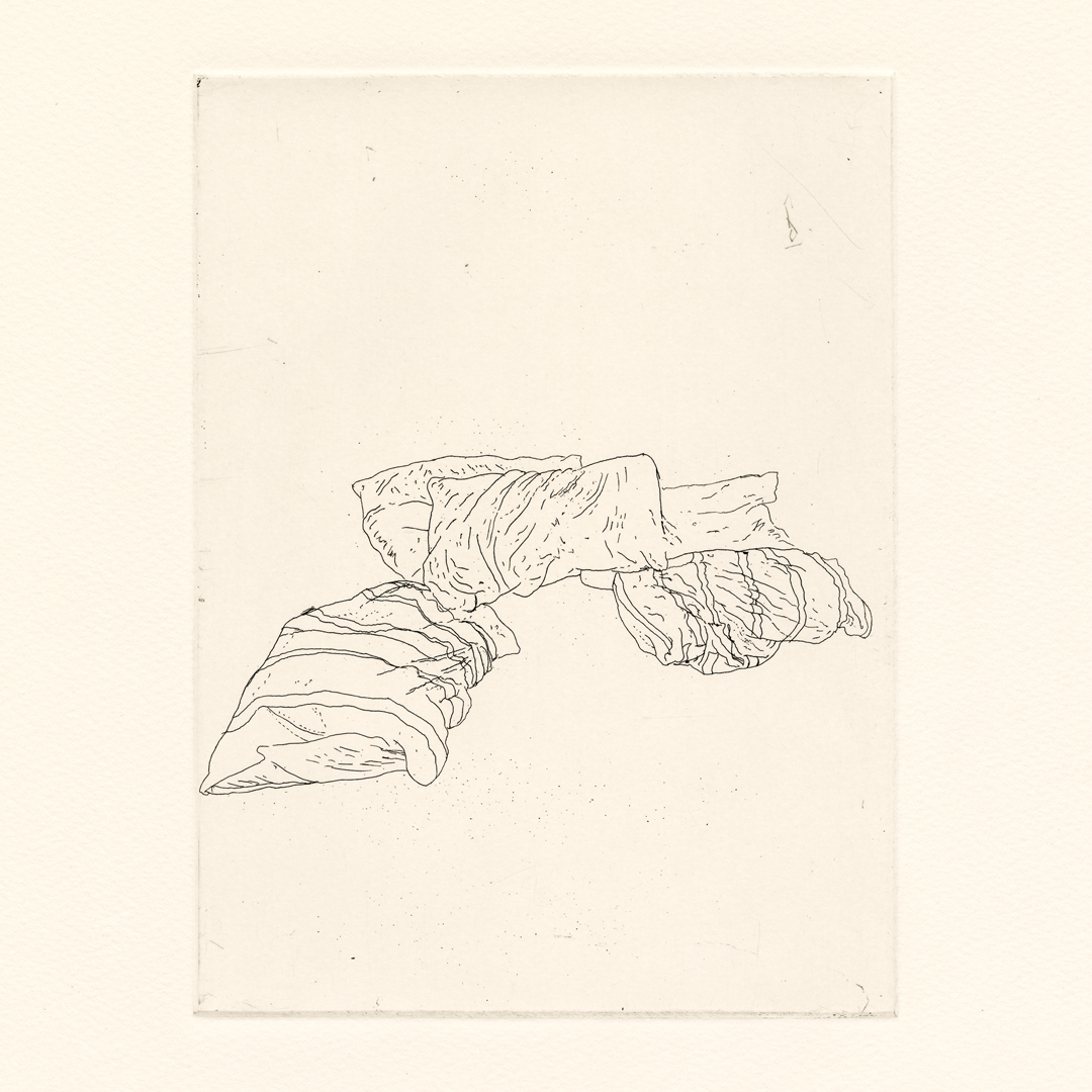 Our Pillows (Thursday at 8:40 AM), 2021, etching on paper, 9" x 12"