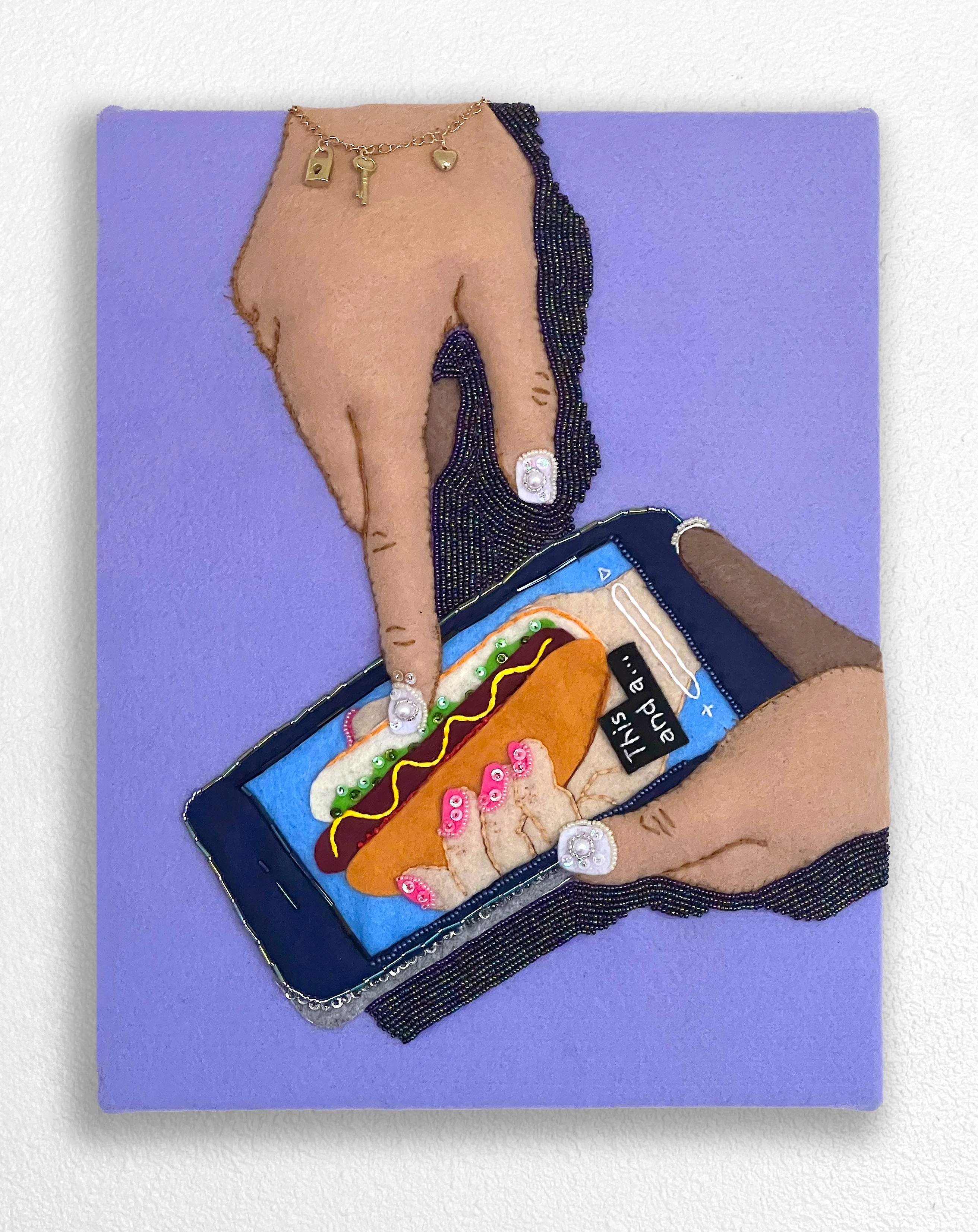 This And A..., felt, sequins, and beads on panel, 14 x 11 x 1", 2025