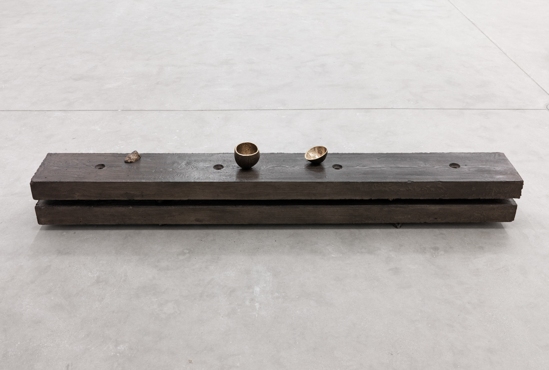 Misery Farm: Arrangement Four, 2012Concrete, Hepworth brown concrete colouring, Carnauba wax, lanolin, carbon black650 x 250 x 2000 mm  Details of individual works within arrangement:  This is a love story, and we are the lovers, 2015Bronze, two parts150 x 150 x 200 mm(bronze coconut)  I found the child not far from the house lying face down by the edge of the frozen stream, 2015Stoneware, manganese dioxide30 x 40 x 50mm(small oyster shell)