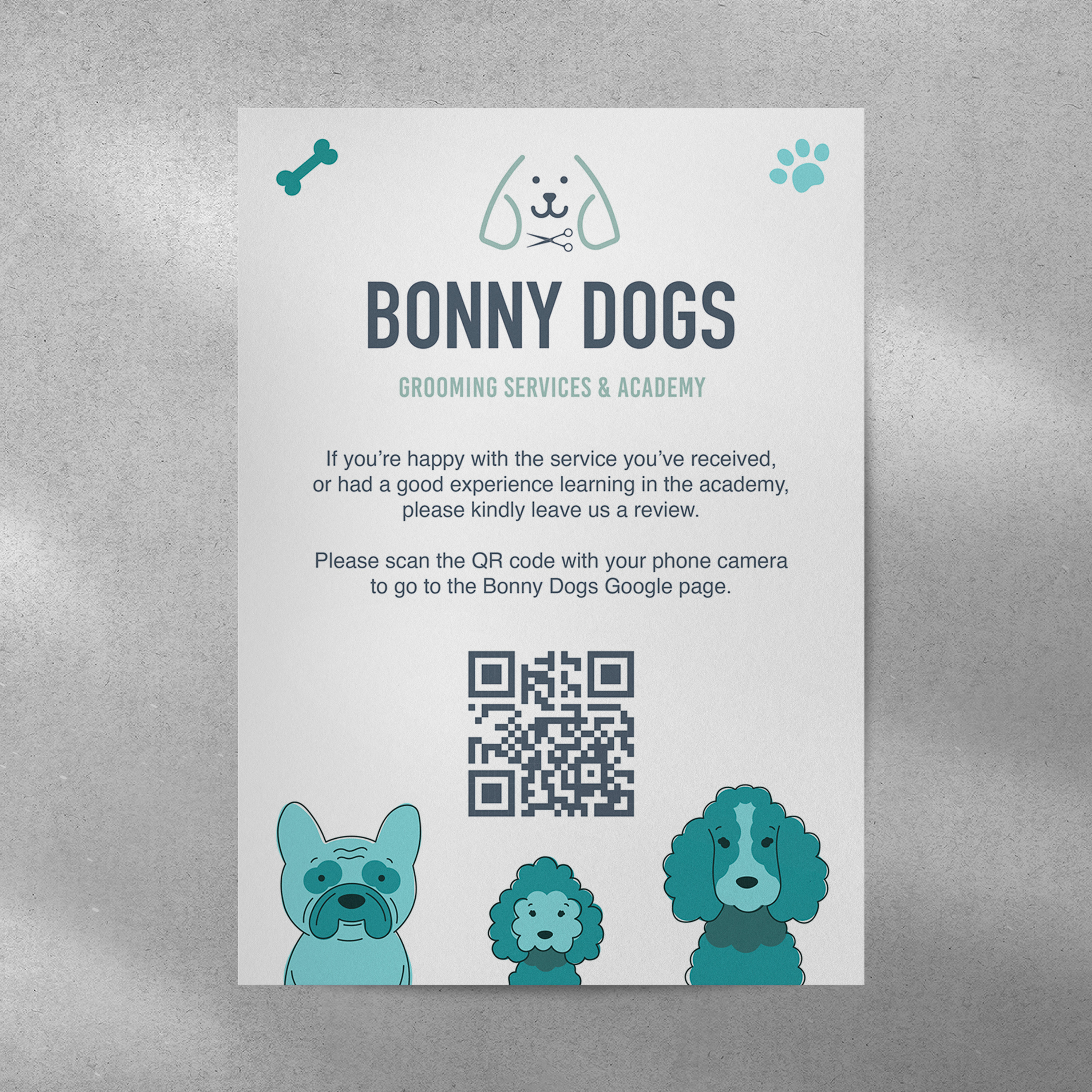 Dog Grooming Academy poster with cute colourful illustrations of dogs, bone and paw print icons, and QR code